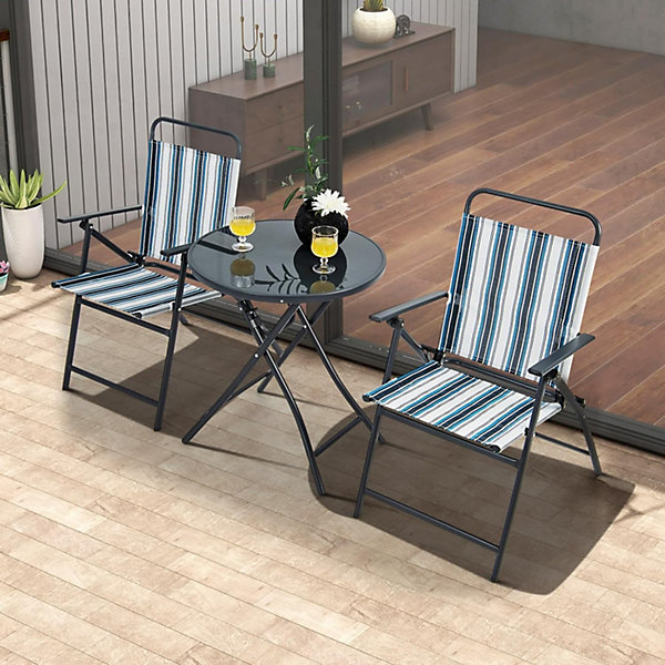 3 PCSPliable 2 Chaises en Textilène et 1 Table Basse en Verre Trempé Cadre Métallique