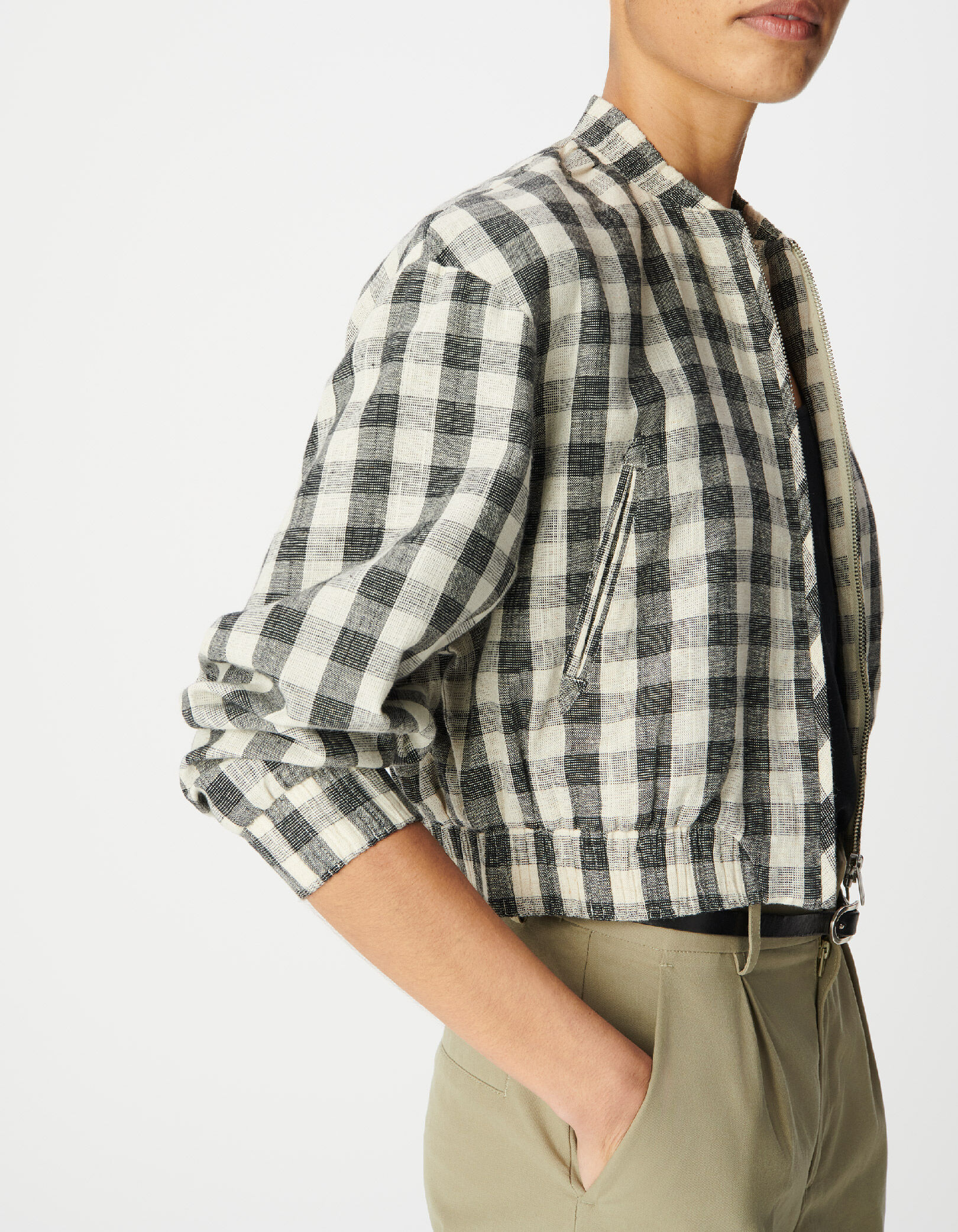 Blouson court écru motif carreaux Femme