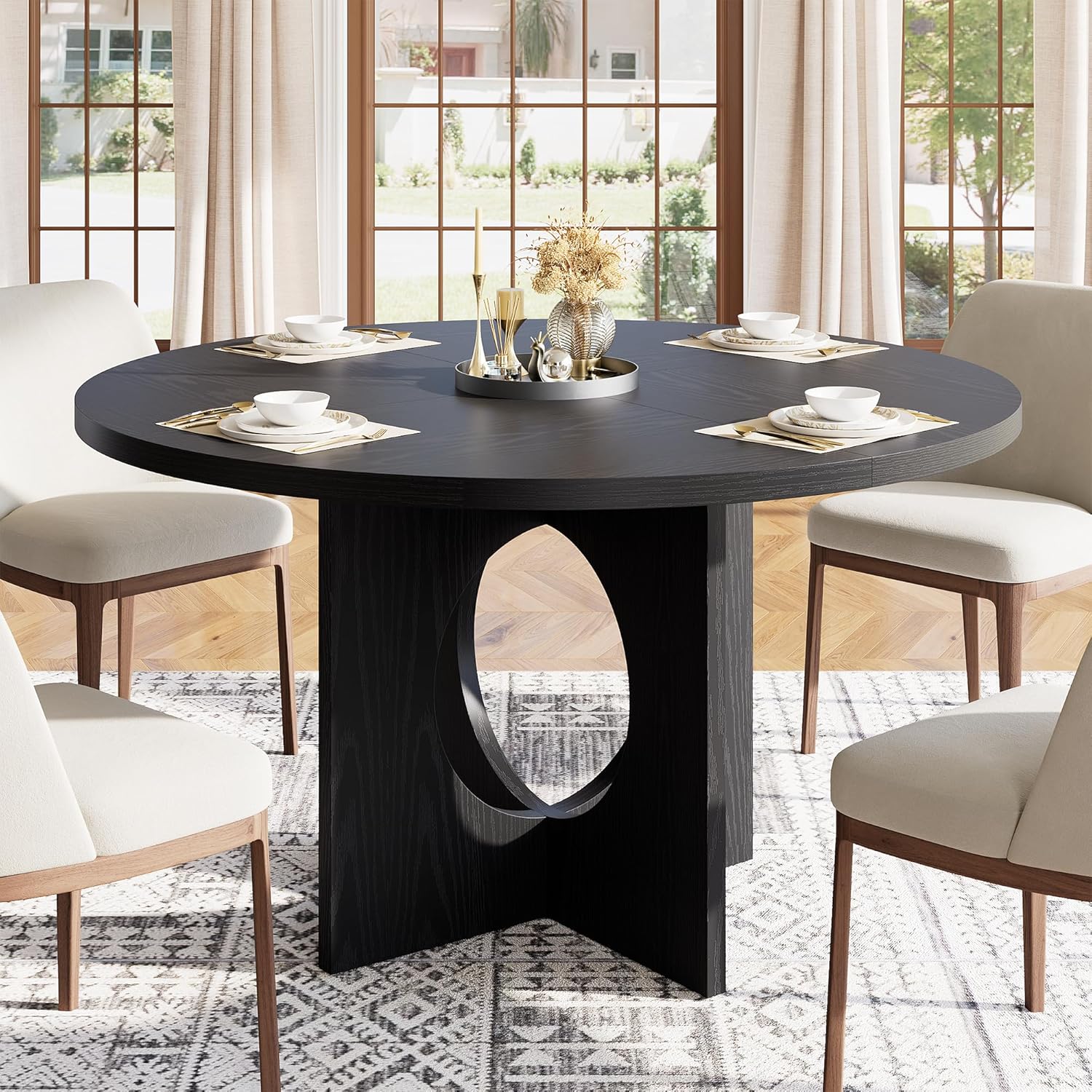 Garvee 47 Round Dining Table for 4-6 People - Circle Kitchen Dinner Table with Sturdy Pedestal Base, Space Saving Dinning Room Furniture for Living Room, Kitchen, Apartment, Black