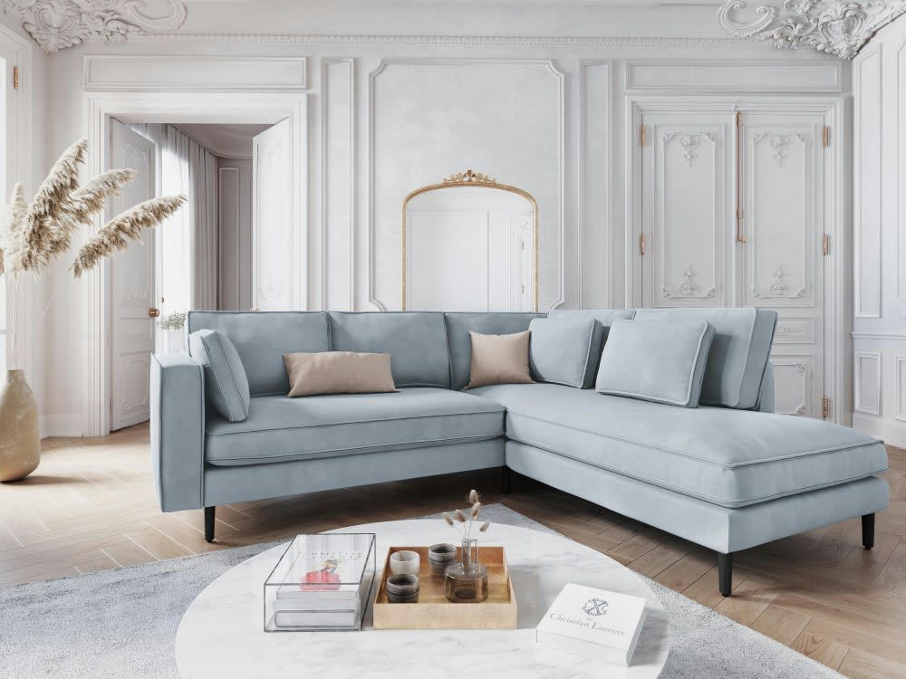 ALEXIS - Canapé d'angle 5 places en velours bleu clair