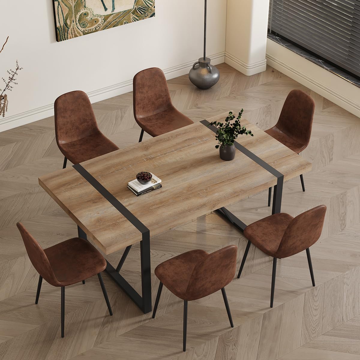 7 Piece Dining Table Set，Dinner Table Set for 6，71'' Kitchen Table and Suede Nap Fabic Chairs Set of 6，6 Chair Dining Table Set for Kitchen Dining Room