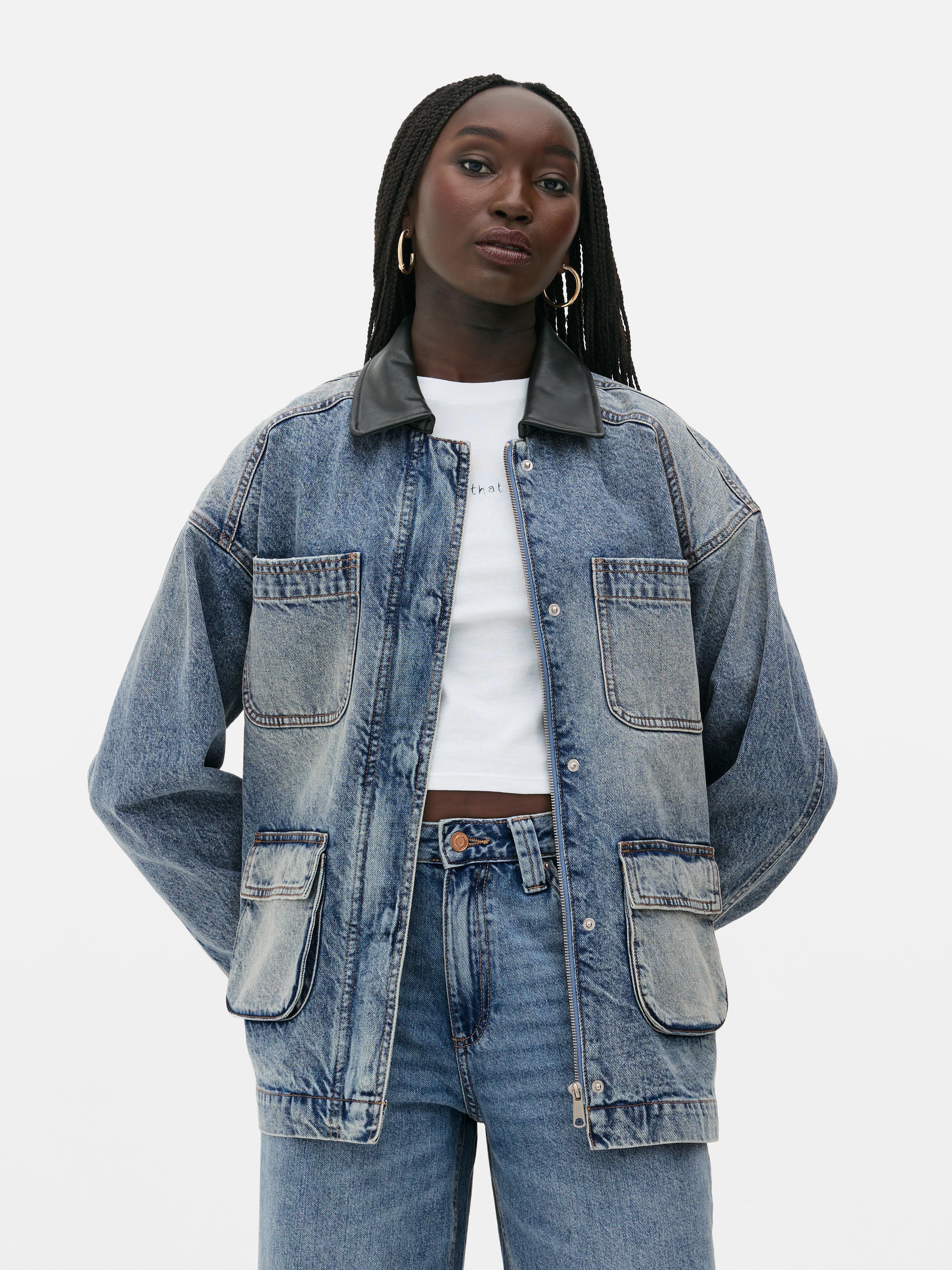 Rita Ora Faux Leather Collar Denim Jacket