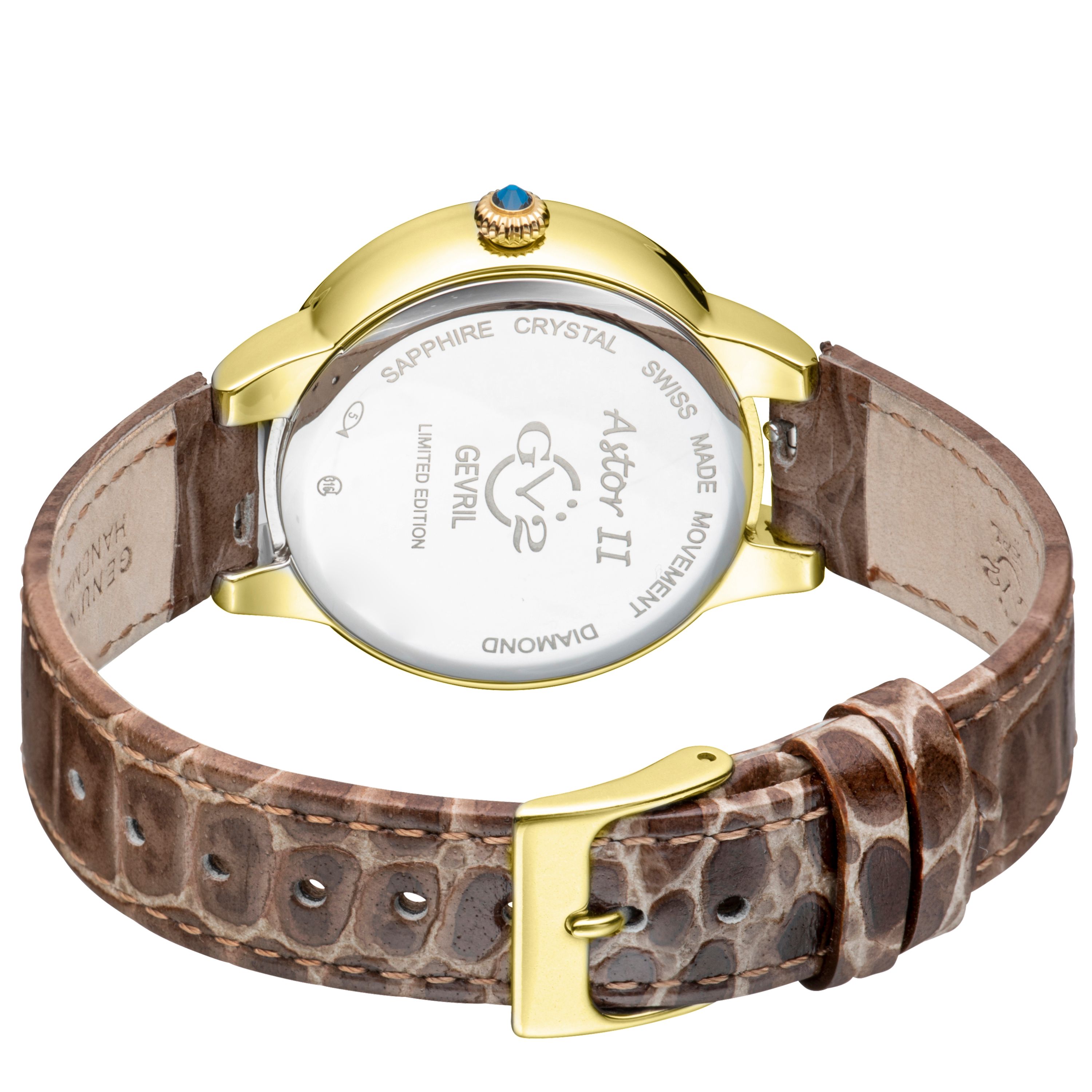 GV2 Astor II, Swiss Quartz Watch, MOP White Dial, Hand made Italian leather, and Sapphire Crystal