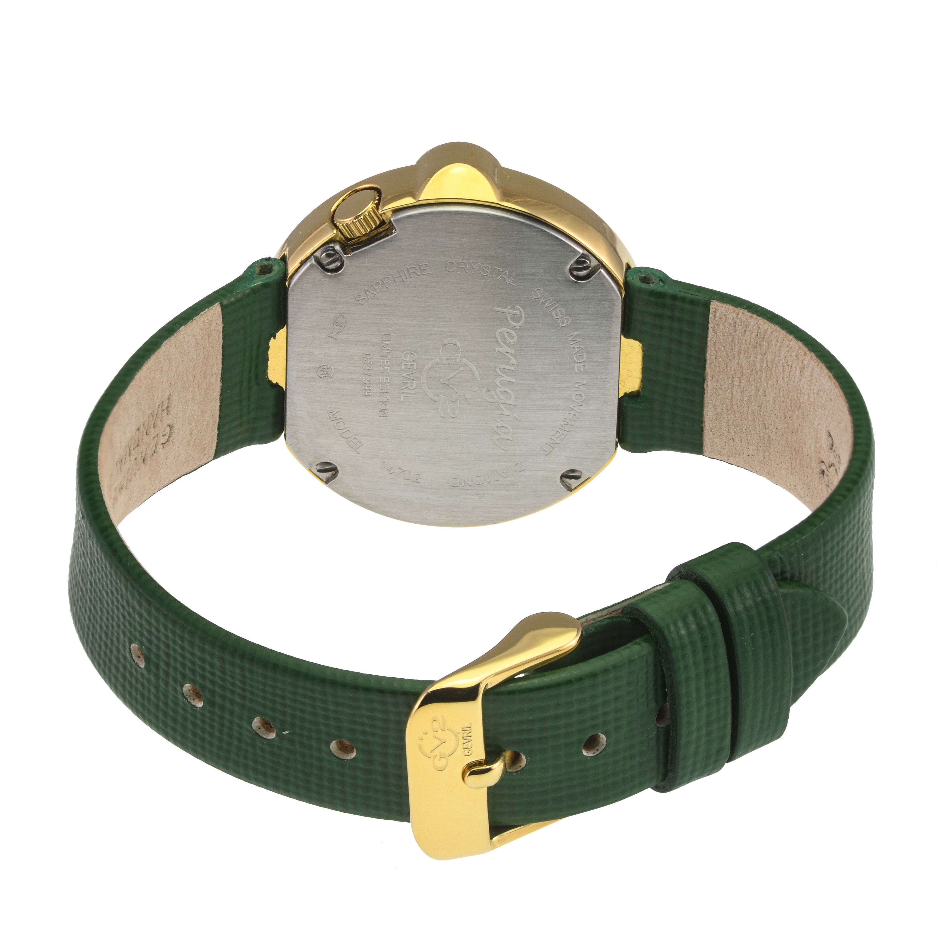GV2 Perugia Diamond Watch, IPYG Case, Silver/White Dial, Genuine Saffiano Green Handmade Leather Strap