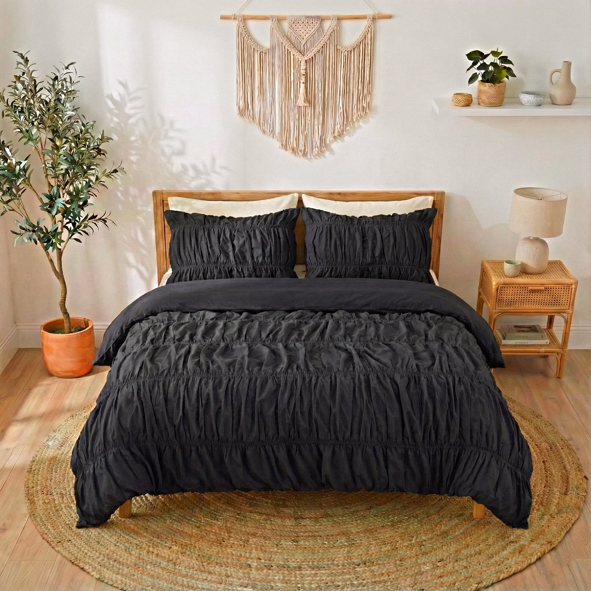 Solid Black Wrinkled Cotton Duvet Cover, Soft Textured Bedding, Aesthetic Bedroom Decor | Breathable Minimal Bedding, Farmhouse Chic