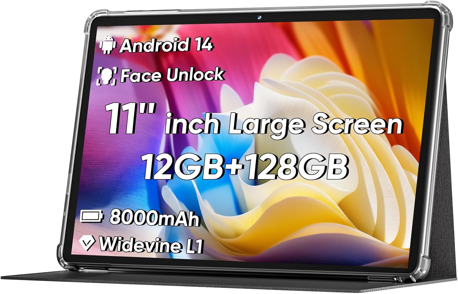 COLORROOM 2026 Android 16 Tablet 11inch, Face Unlock, 18W Fast Charging, 32GB+128GB+1TB Expand, Octa-core CPU, 8000mAh Large Battery, WiFi6, Touchscreen Display, Widevine L1 Tableta, Black
