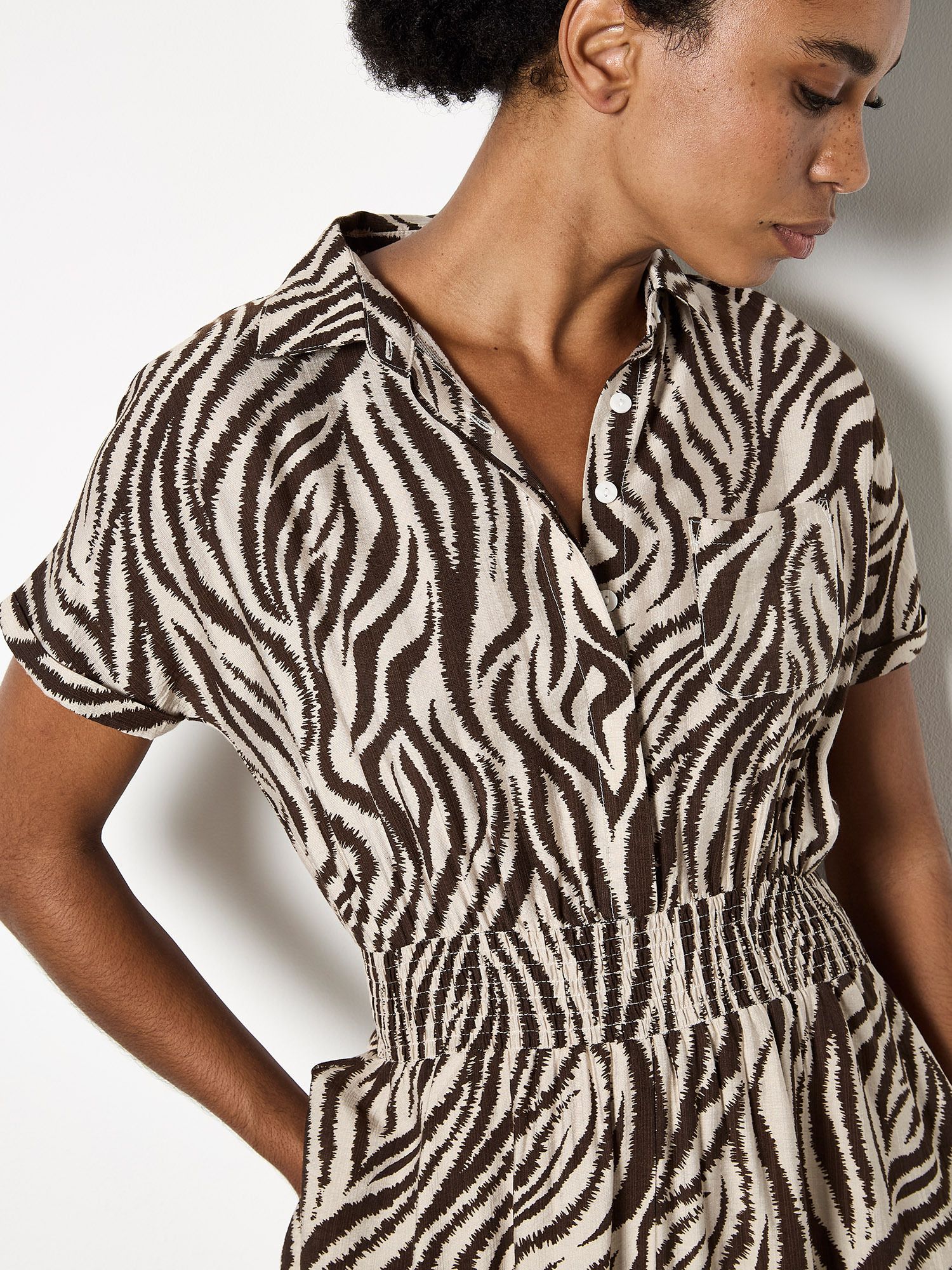 Apricot Zebra Print Shirt Midi Dress