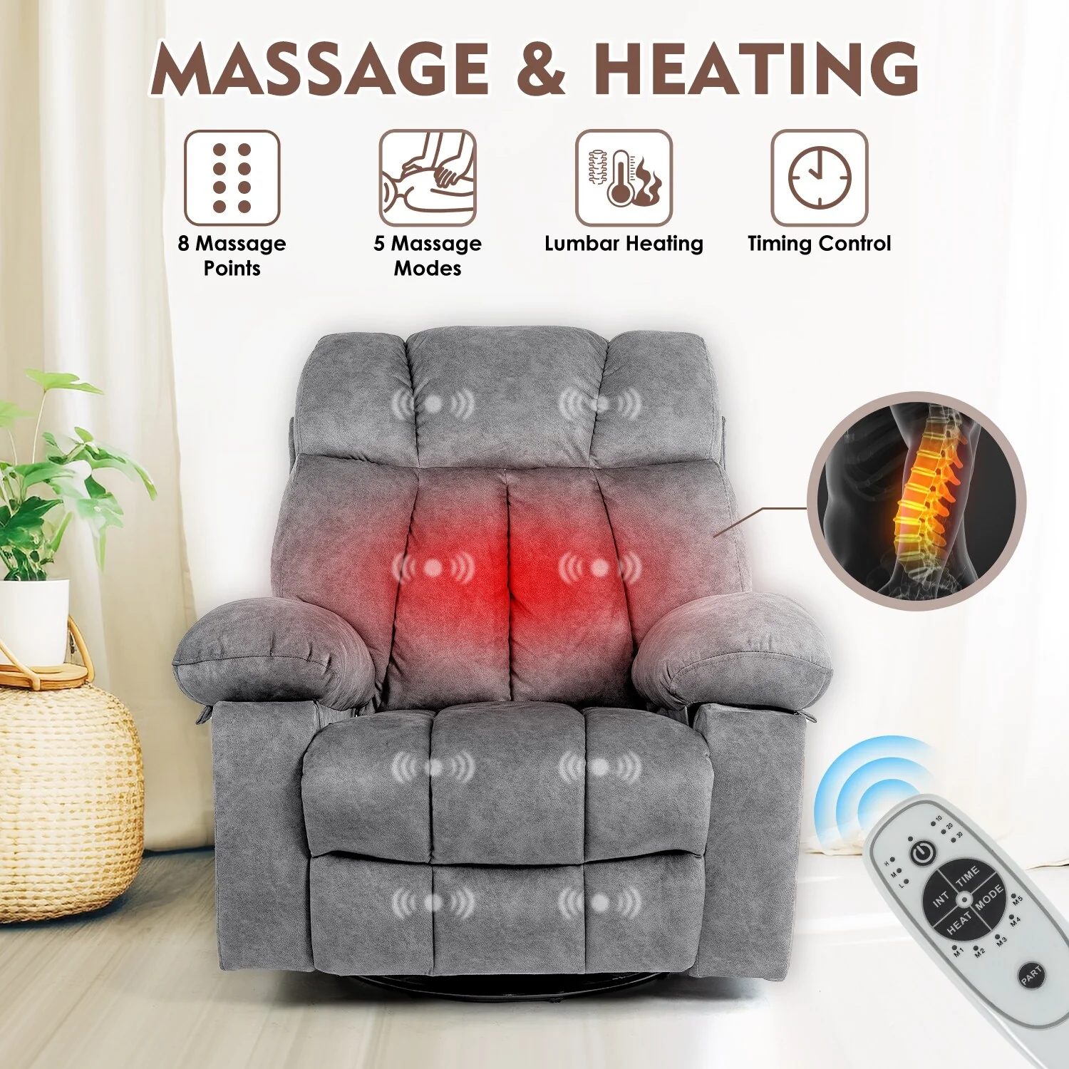 Velvet Massage Recliner Chair with Heat, 360° Swivel Rocker Base, Adjustable Backrest and Footrest, USB Port