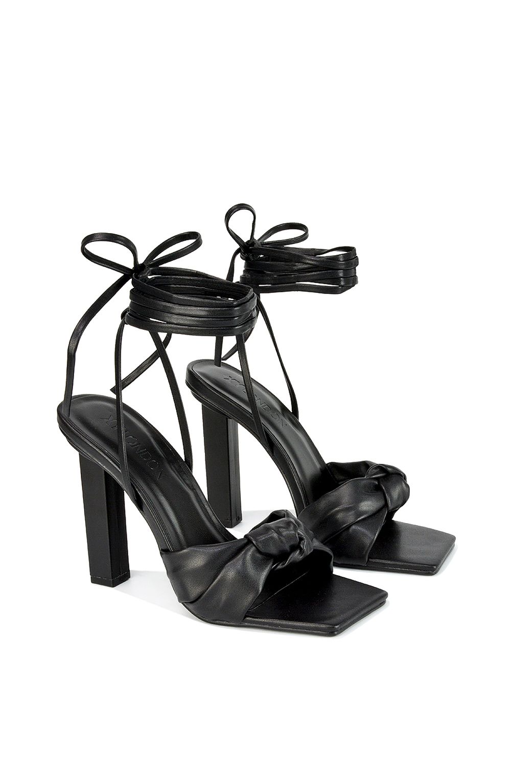 XY London Evelyn' Knot Detail Strappy Lace Up Square Toe Block High Heel Sandals