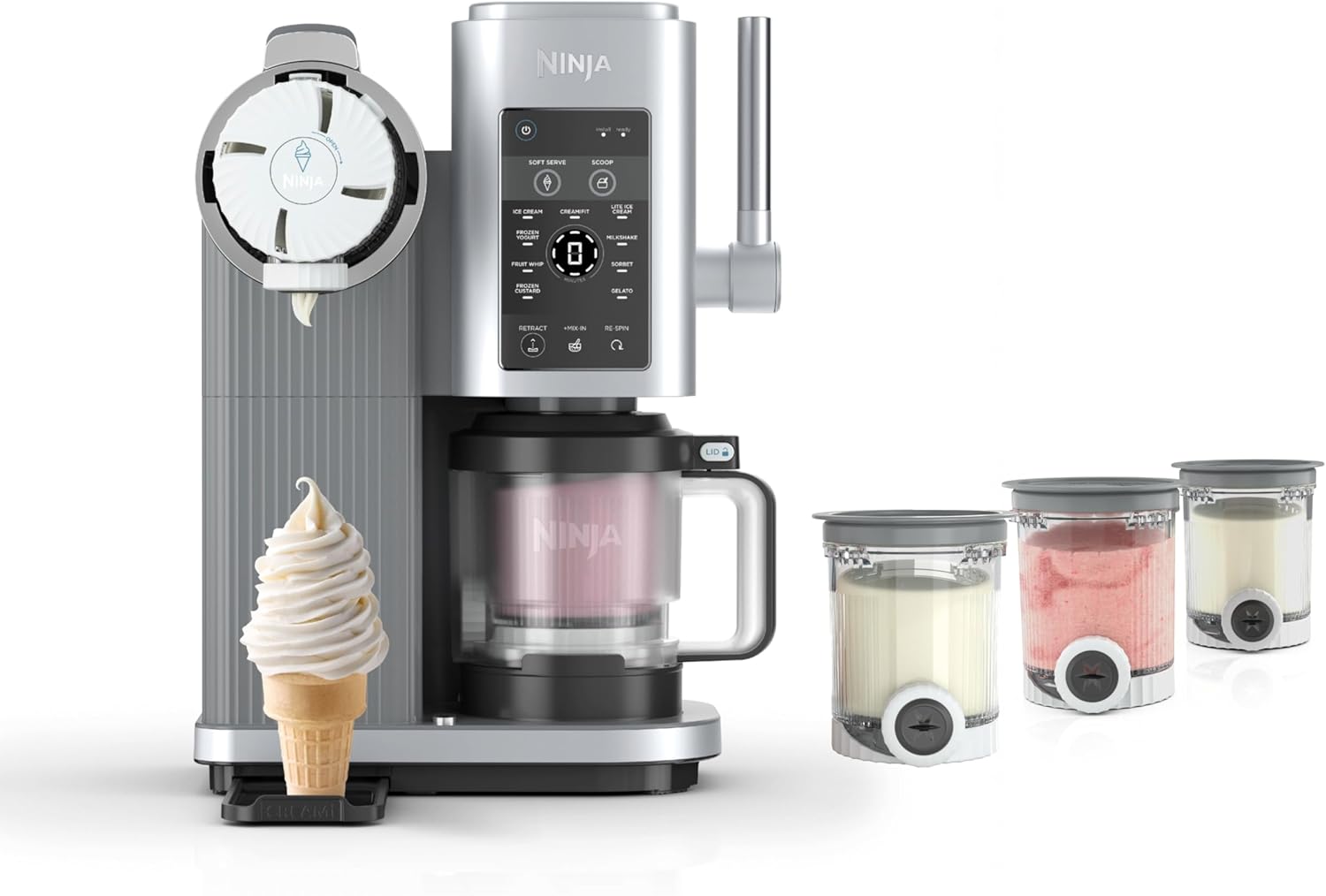 Ninja CREAMi Scoop & Swirl Ice Cream and Soft Serve Maker, Oprah's Favorite Things 2025, 13 Programs, Soft Serve Handle & (4) CREAMi 2-in-1 16oz Pints, Gift for Kids & ALL ages, NC701