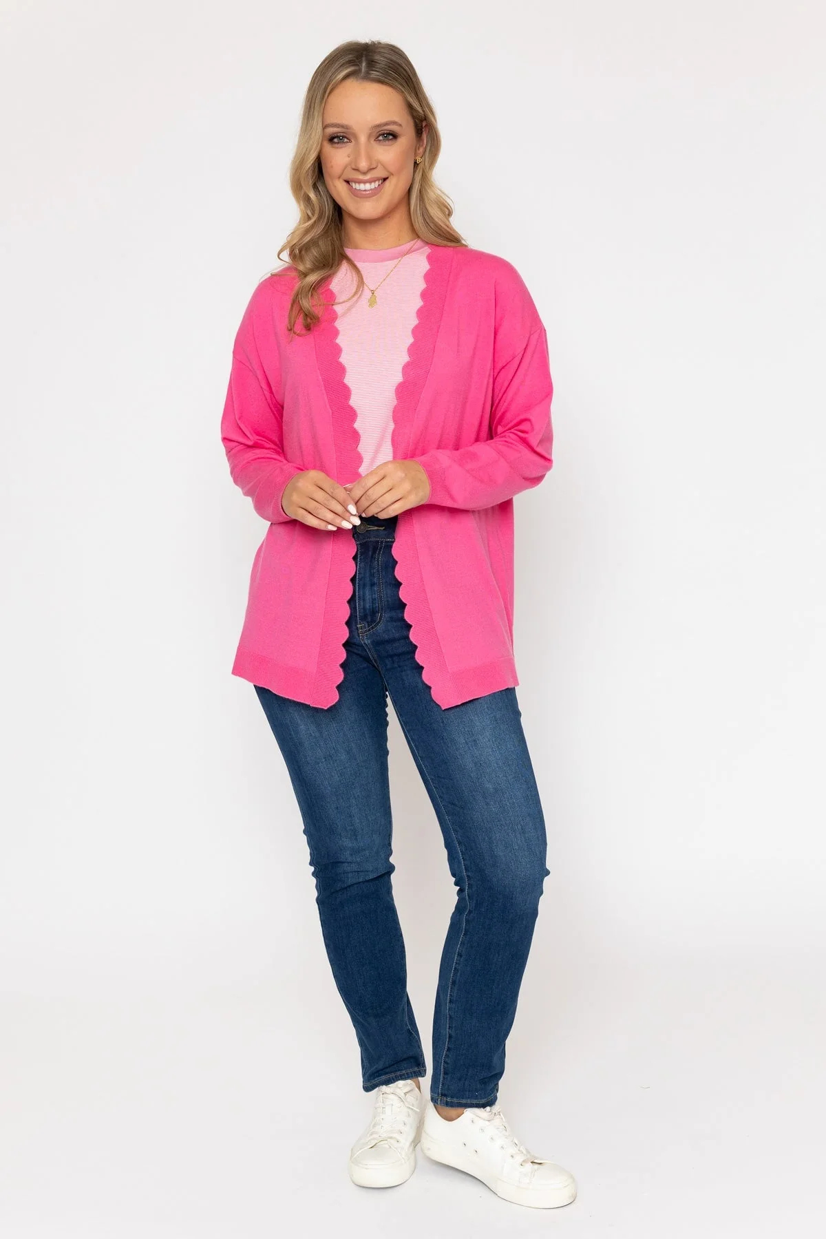 Scallop Edge Longline Cardigan in Pink