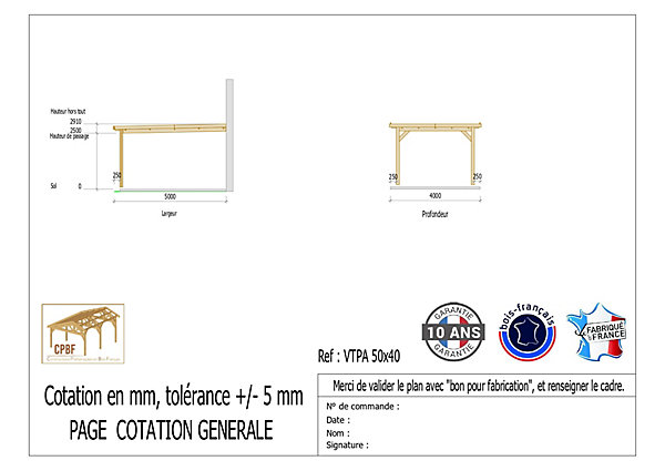 Carport adossé toit plat 500cmx400cm, bois DOUGLAS Français (Charpente en bois-auvent-abri voiture) 20 m². Garantie 10 ans
