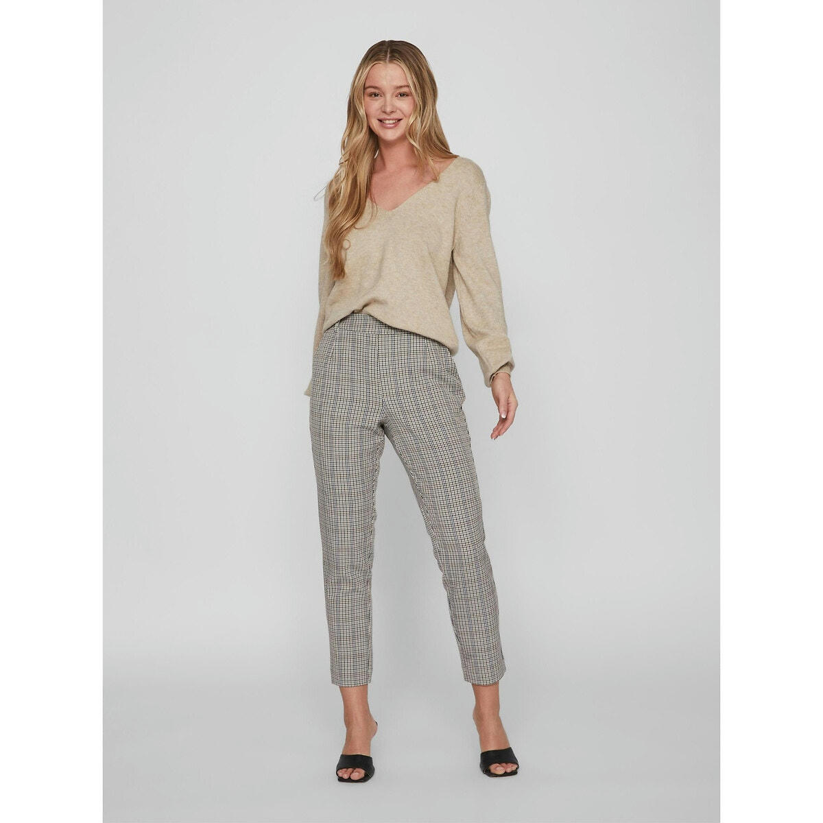Pantalon slim à carreaux, taille haute