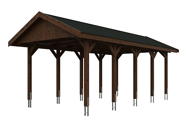 Carport SKAN HOLZ Wallgau 380 x 750 cm, traitement coloré noyer, avec bardeaux noirs