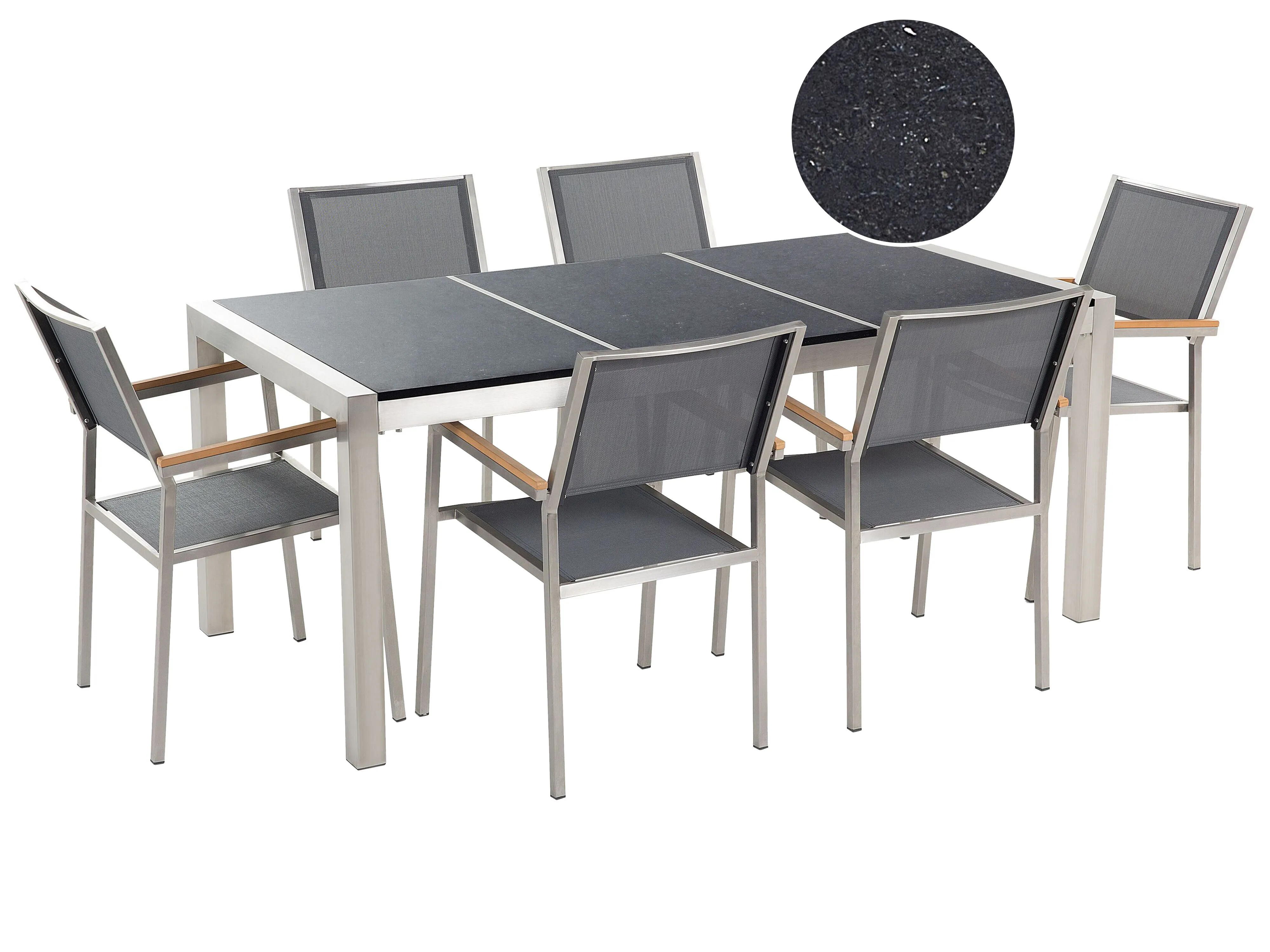 Garden Dining Set 6 Seater GROSSETO Triple Plate Granite Polished Grey/ Black