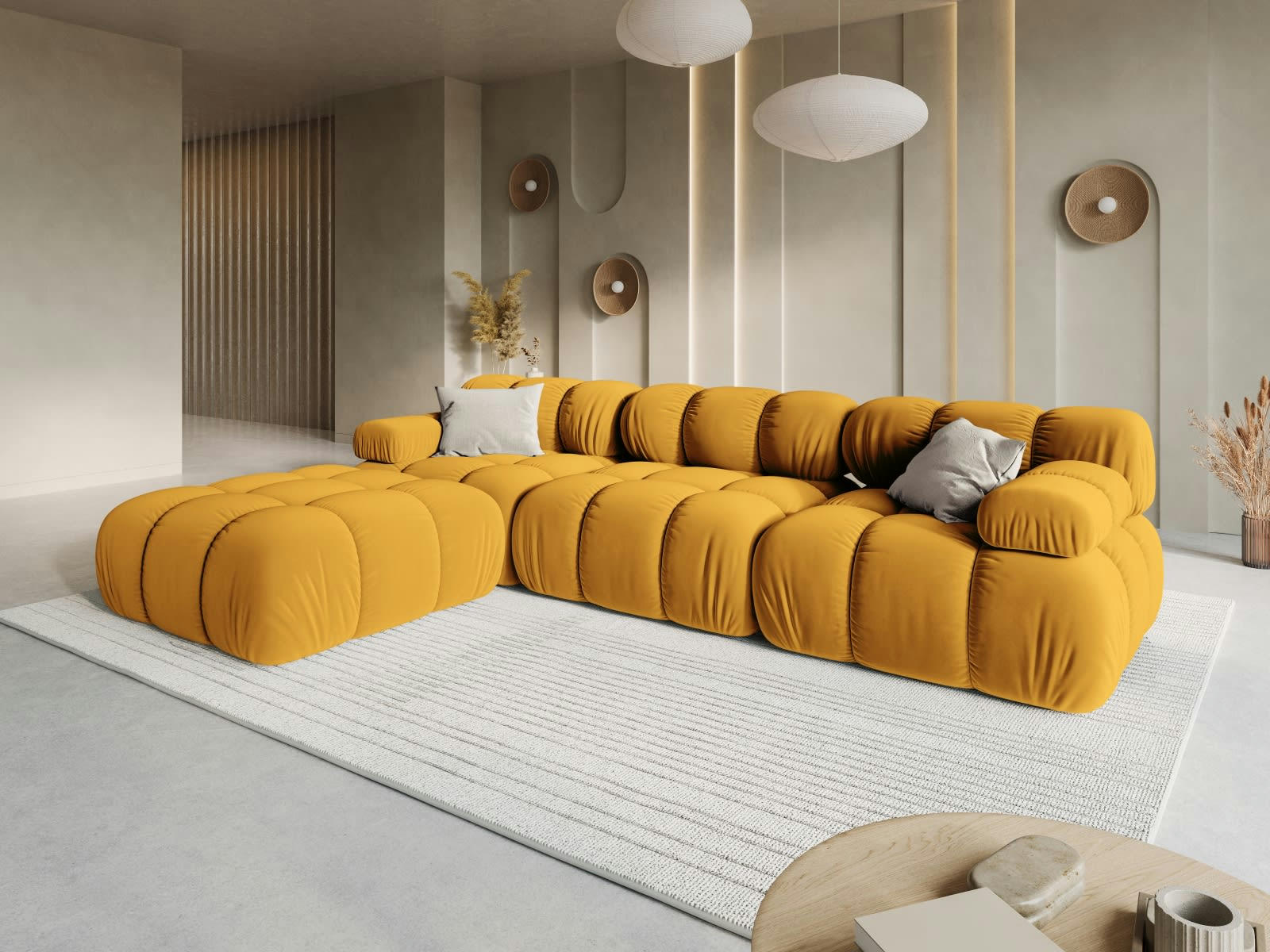 BELLIS - Canapé modulable 4 places en tissu velours jaune