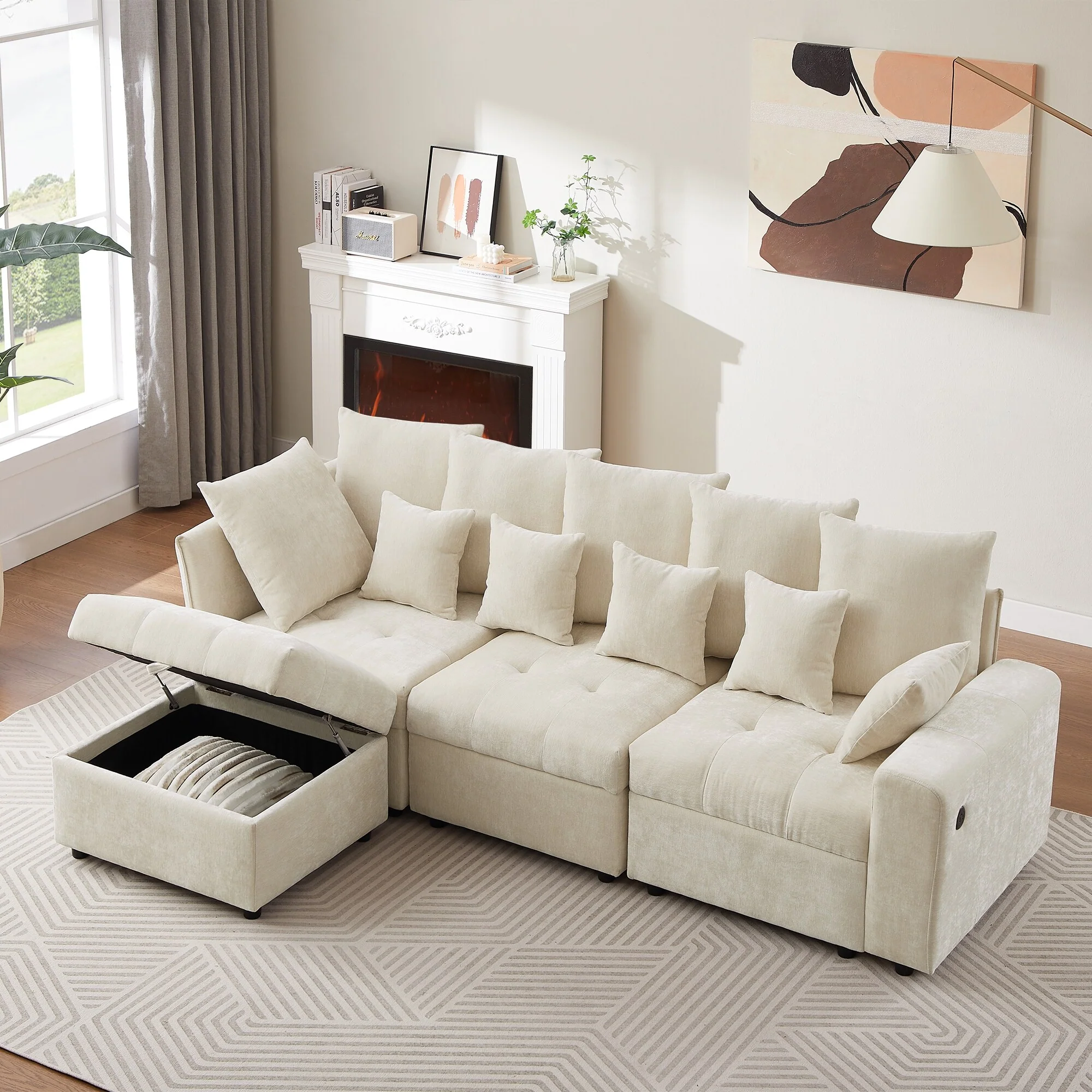 96.45'' Chenille 4-Seat Modular Sectional Sofa with Removable Storage Ottoman, 3 USB Ports, and 5 Back Cushions