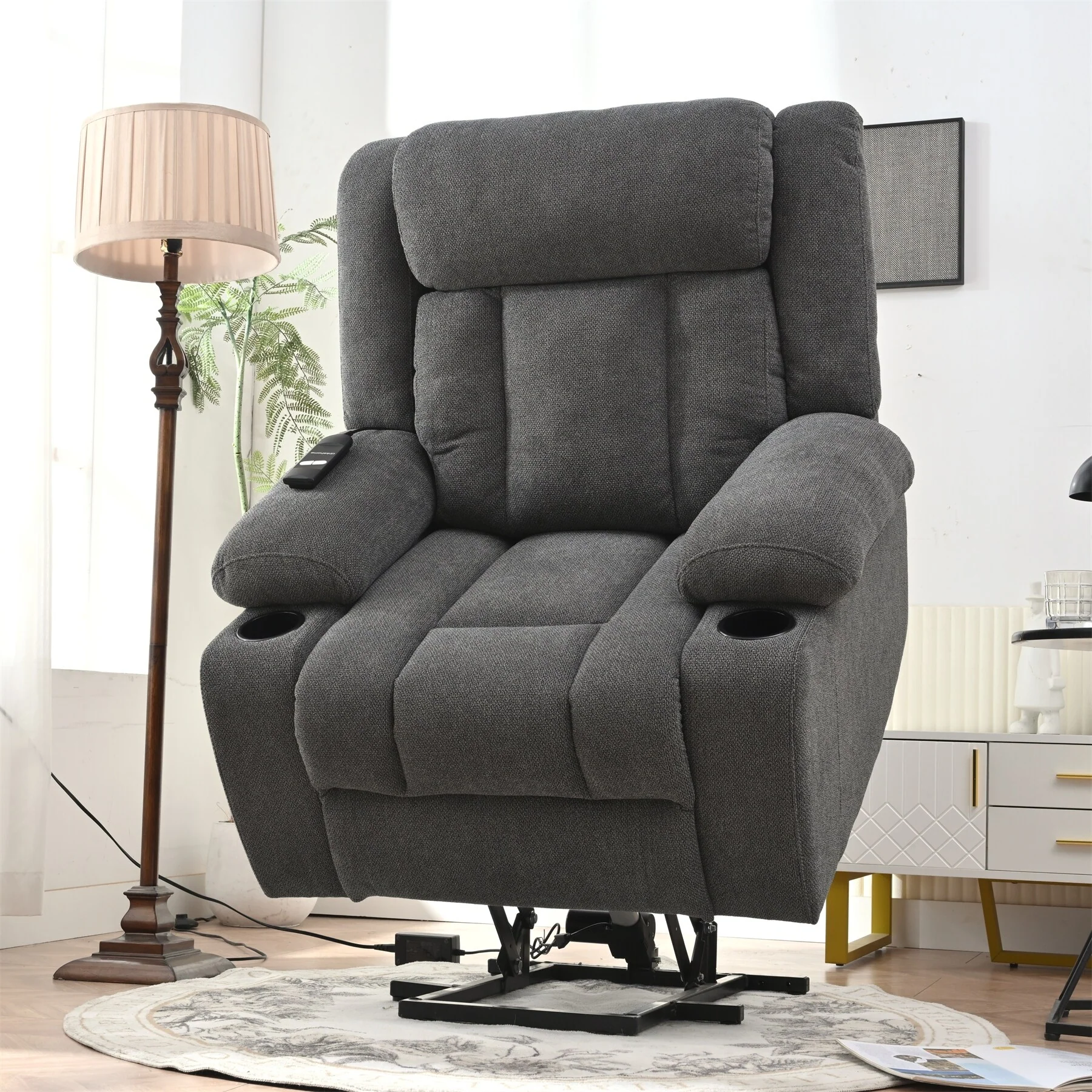 Electric Power Lift Recliner Chair for Elderly, with Extended Footrest & Remote Control, Side Pockets and 2 Cup Holders
