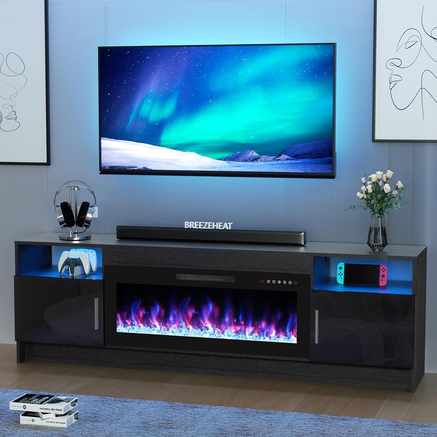 BREEZEHEAT Electric Fireplace TV Stand with 36 inch Fireplace Up to 80 TVs-Led Entertainment Center with High Glossy Doors-70 inch TV Cabinet, Modern Media Console for Living Room(Black)