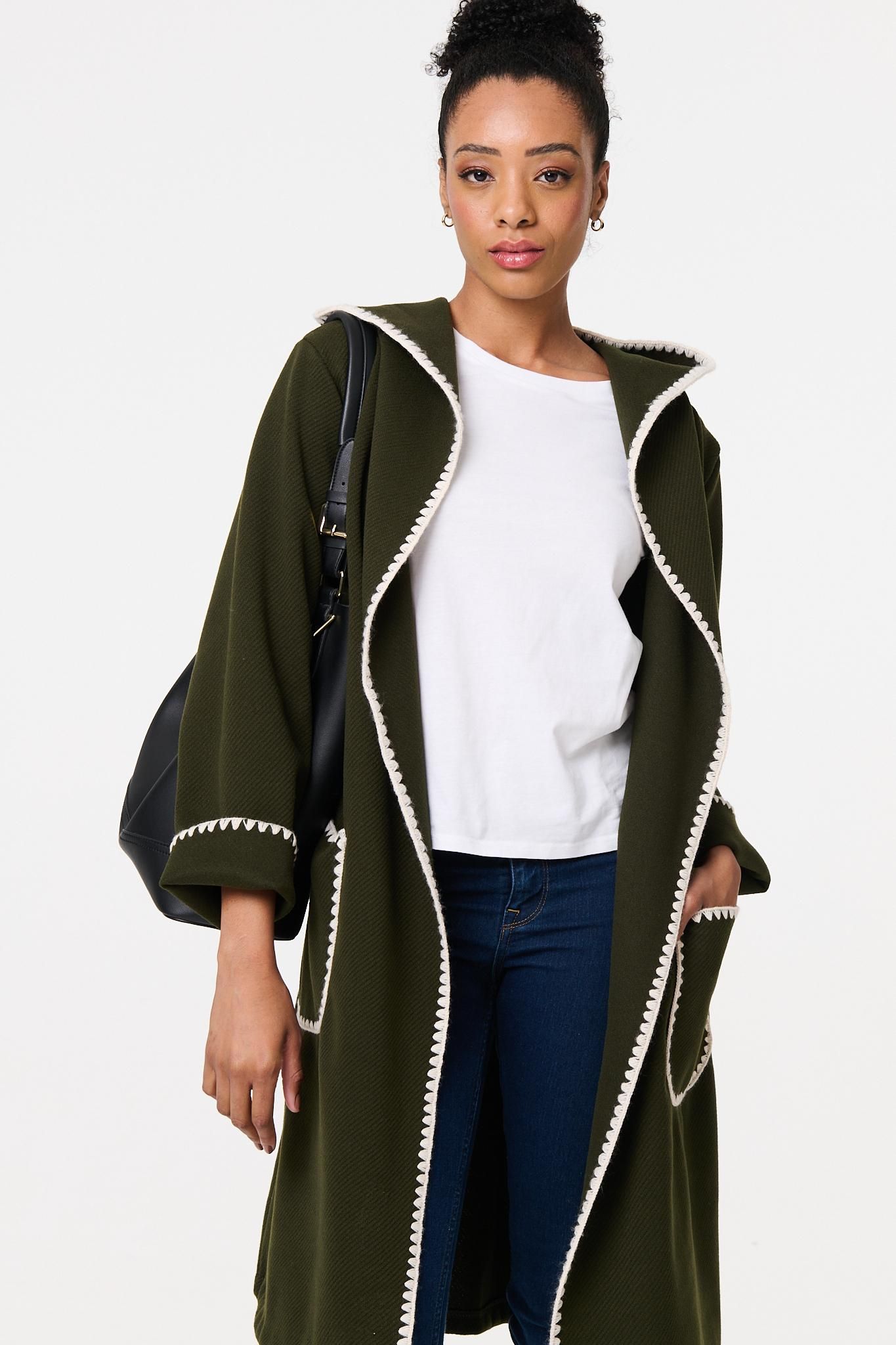 Izabel London Blanket Stitch Tie Waist Longline Coat