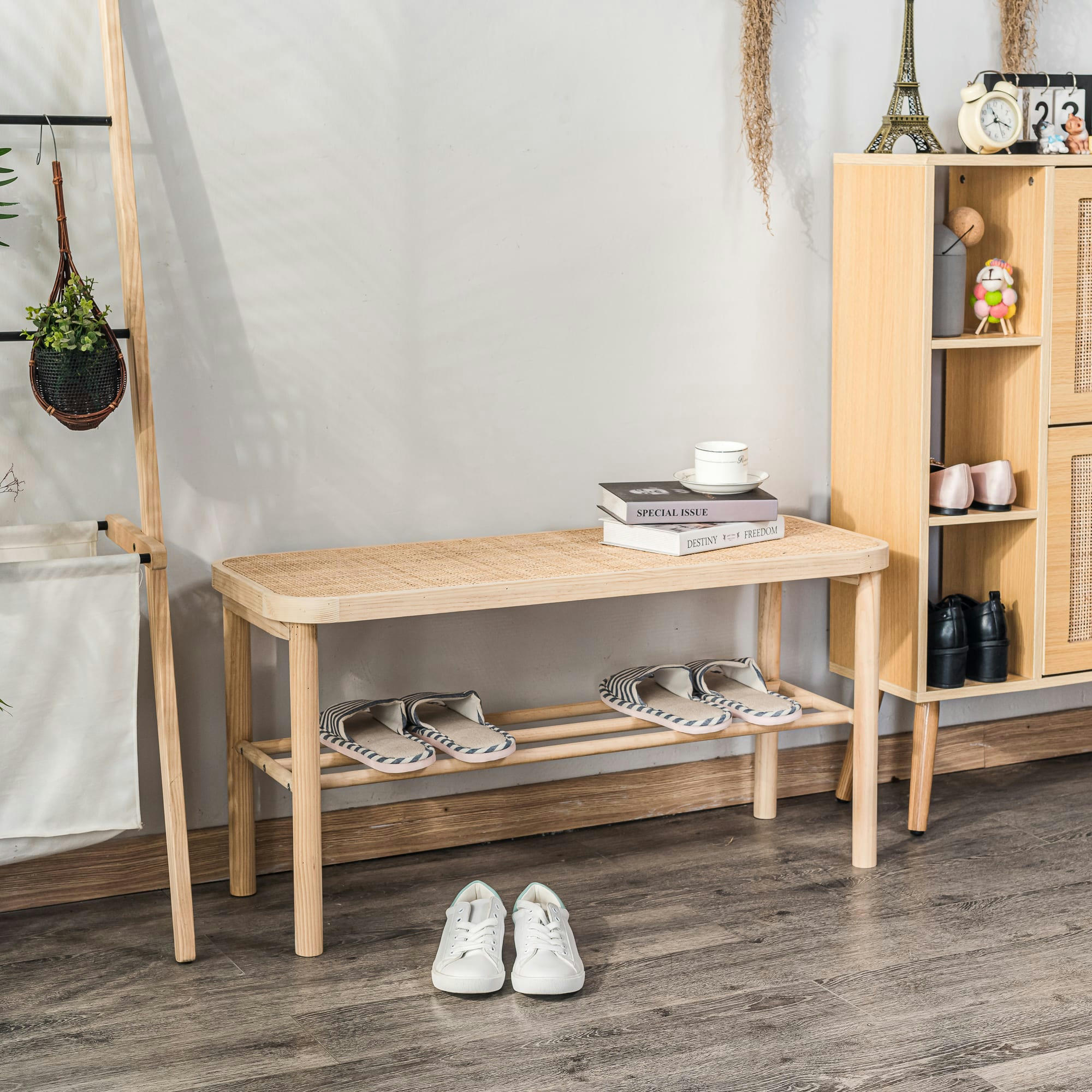 - Banc avec rangement en pin massif et rotin