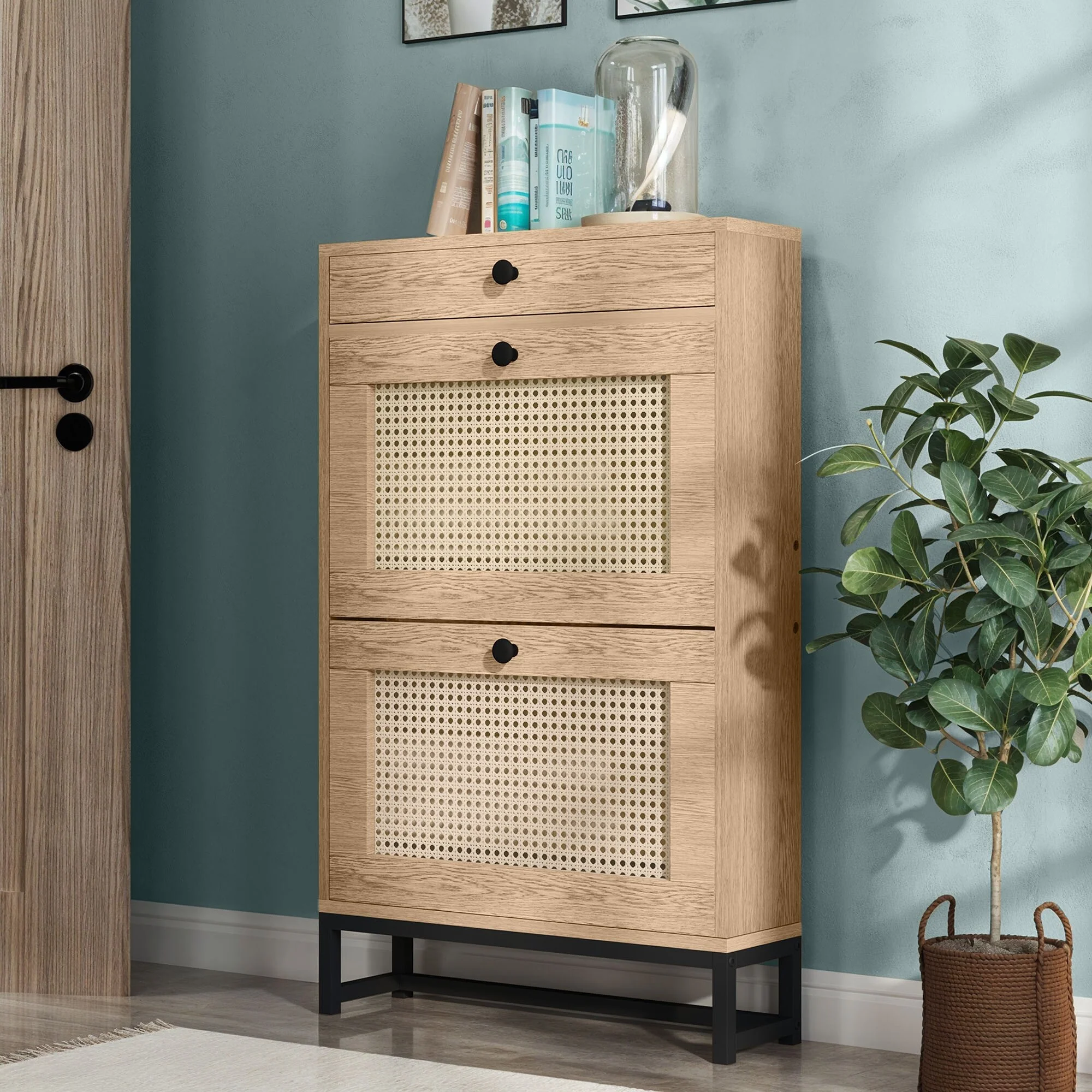 8 Pair Rattan Shoe Storage Cabinet 3 Drawers Shoe Rack - 23.6L x 6.7W x 38.2H