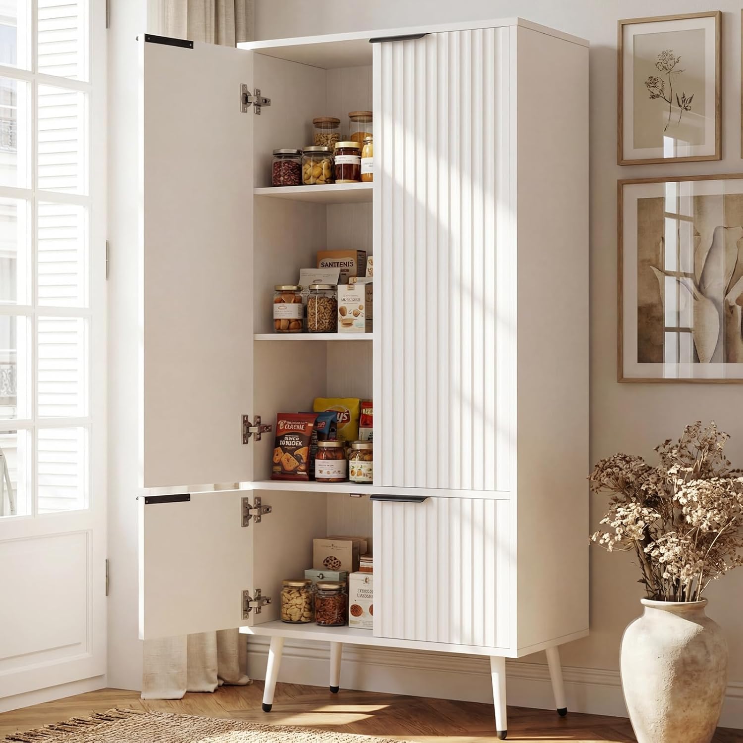 Foxemart White Fluted 51 Tall Wooden Kitchen Pantry Storage Cabinet Food Organize with Adjustable Shelves, Modern Accent Cabinet Sideboard Buffet for Dining Room, Entryway, Bathroom, Home Office