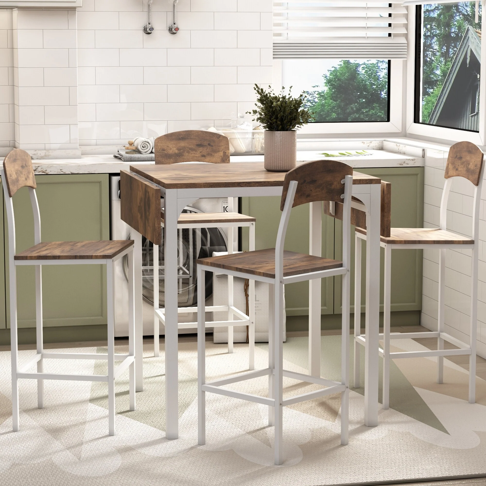 Roomfitters Farmhouse 5-Piece Counter Height Drop Leaf Dining Table Set with Chairs for 4