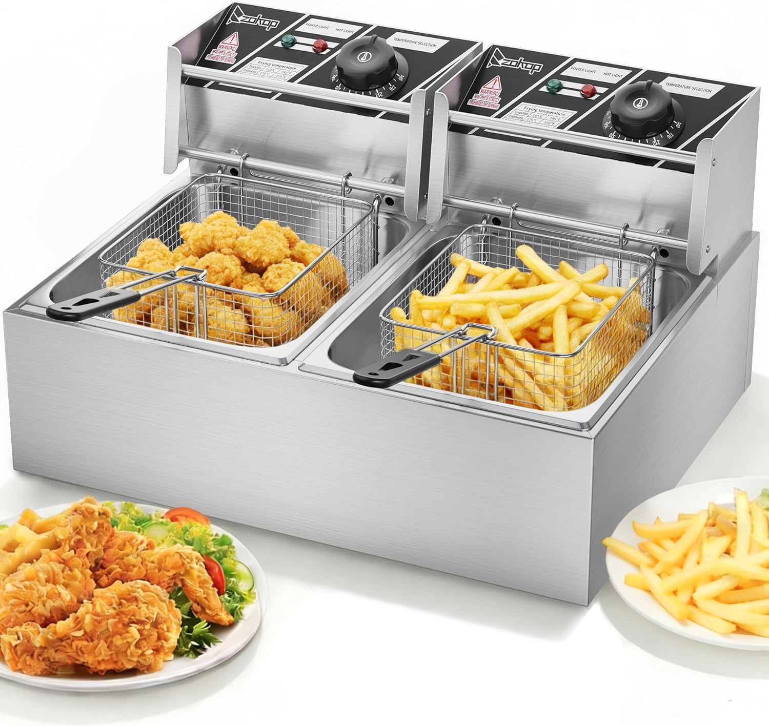 5000W Fast-Heating Commercial Deep Fryer With Basket | 25.4QT/24L Double Tank Electric Fryer, Adjustable Temp 140-392°F, Countertop Oil Fryer for Restaurant & Home Use, Stainless Steel