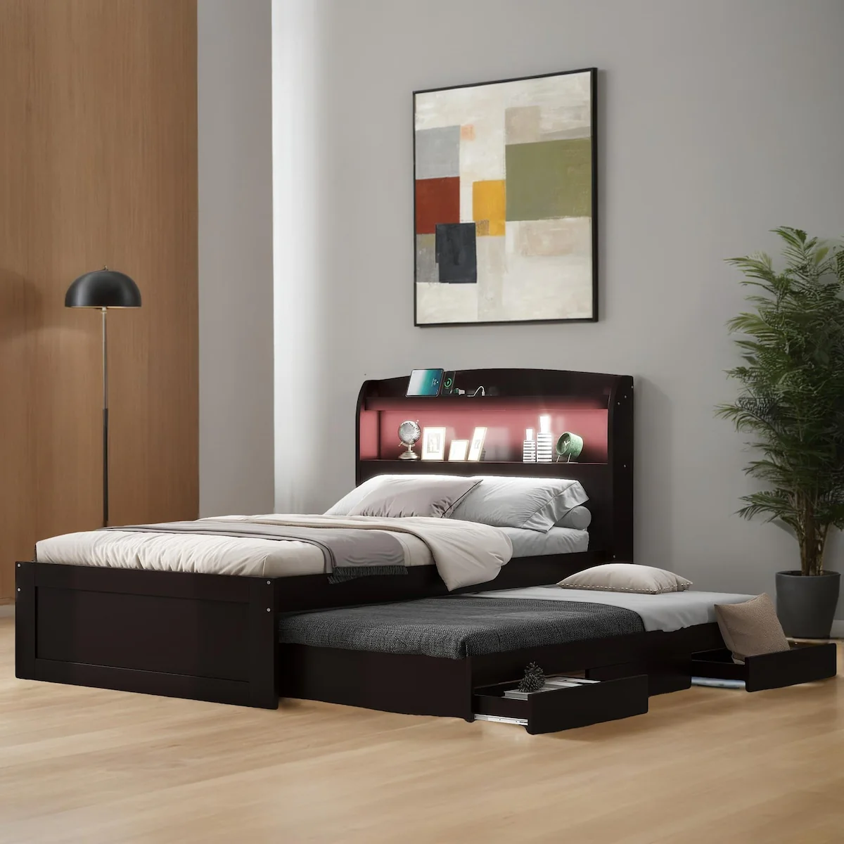 Twin XL Size Platform Bed with Storage LED Headboard, Charging Station, Twin Size Trundle and 2 Drawers