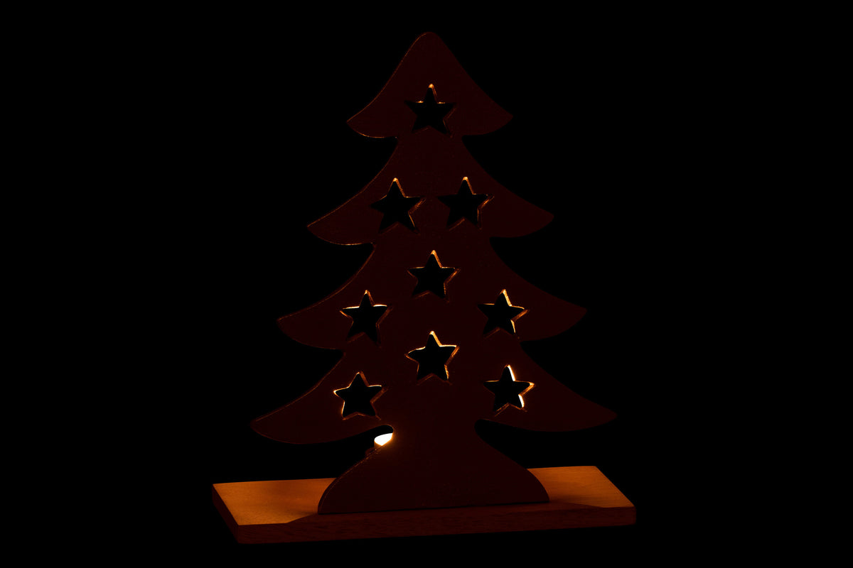 J-Line theelichthouder Kerstboom - aluminium/hout - goud - large