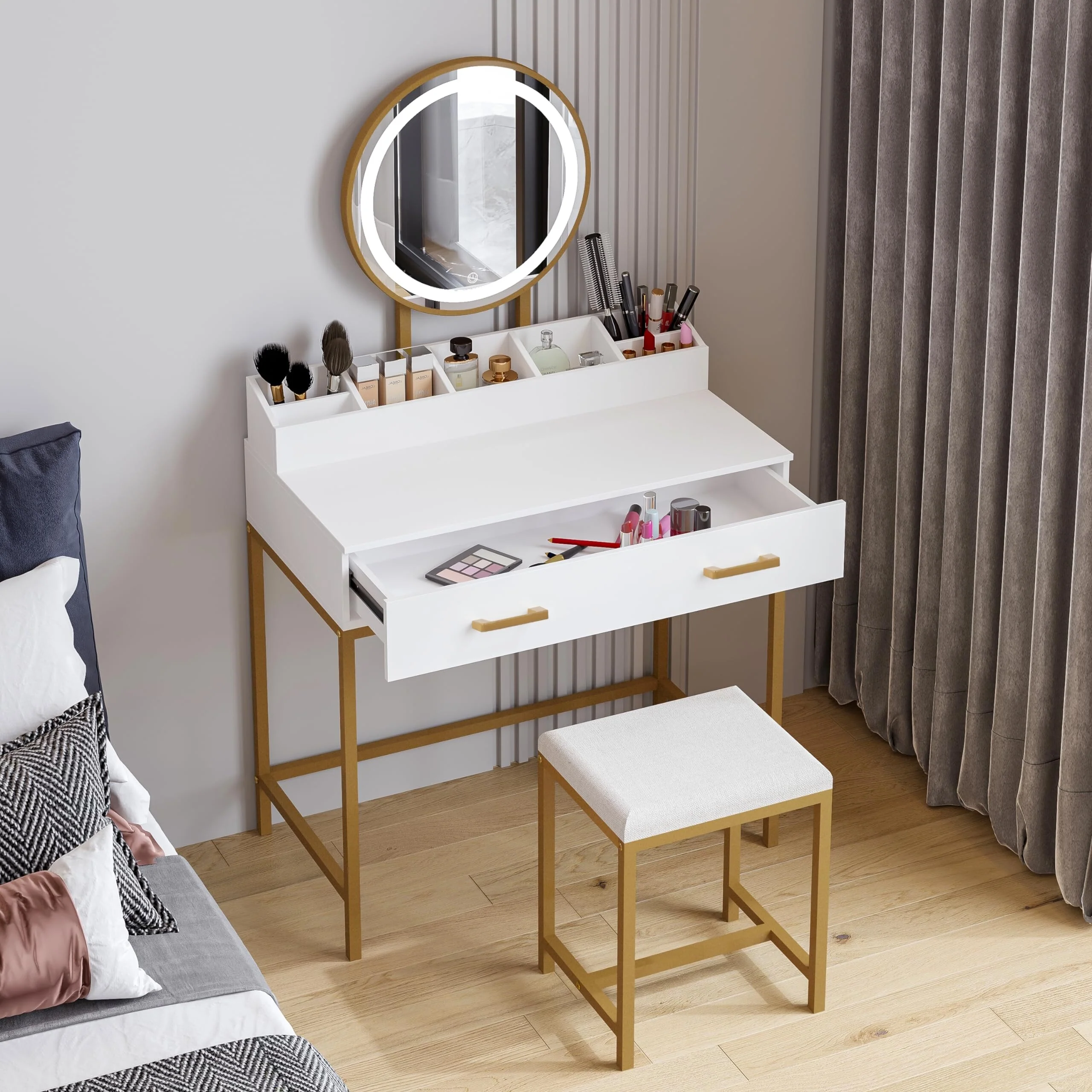 White Gold Makeup Vanity Desk with Mirror Lights 3 Modes Drawers Dressing Table Cushioned Stool Set for Bedroom