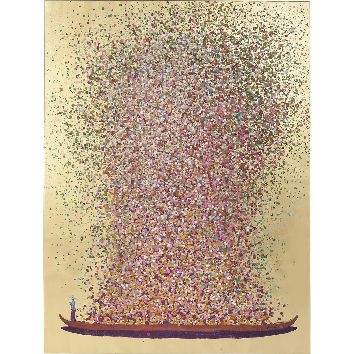 TOUCHED FLEURS - Toile dorée pirogue fleurs roses 80x100