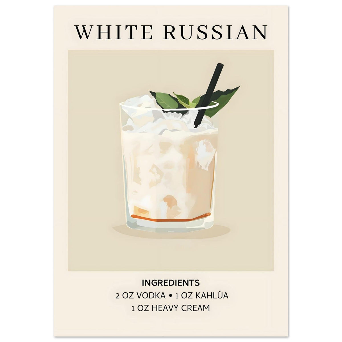 Artfulprints Poster White Russian cocktail - Ingrediënten  - A4 21x29.7 cm - Wit