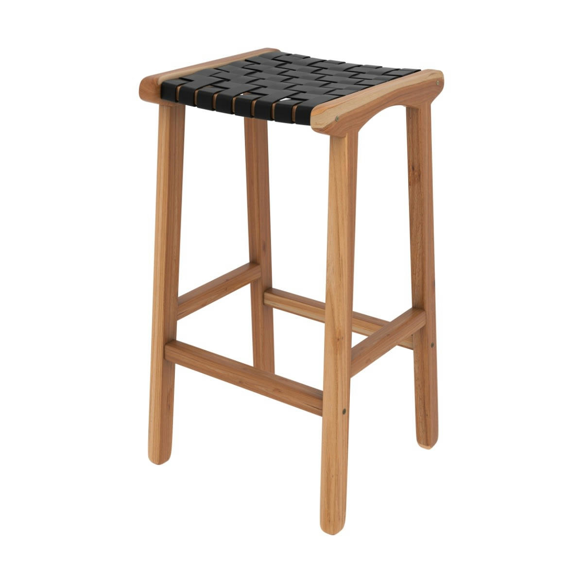 KUNA - Tabouret de bar mi-hauteur en teck et cuir tressé noir 68 cm