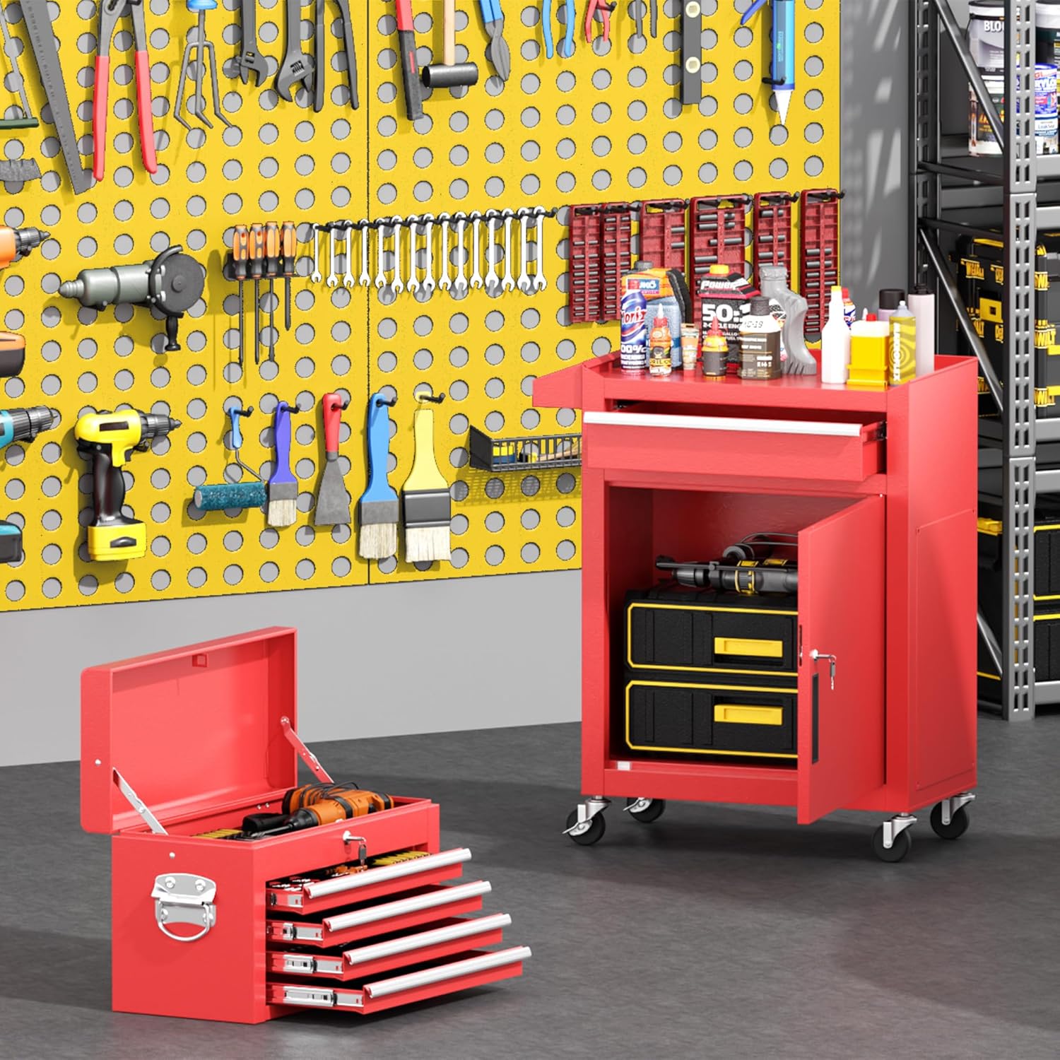 Greenvelly Tool Chest, 5-Drawer Rolling Tool Chest with Hooks and Lockable Wheels, Detachable Top Tool Box, Toolbox with Wheels, Rolling Tool Box for Mechanics Garage Workshop and Tool Room (Red)