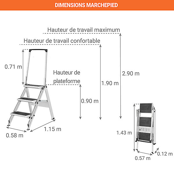 Marchepied 4 marches - Hauteur maximum de travail 2.90m - 6061/04