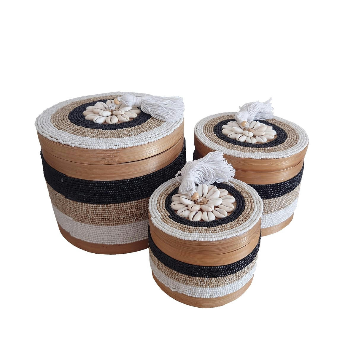 INDY - Boîtes en bambou, perles et coquillages, multicolore - lot de 3