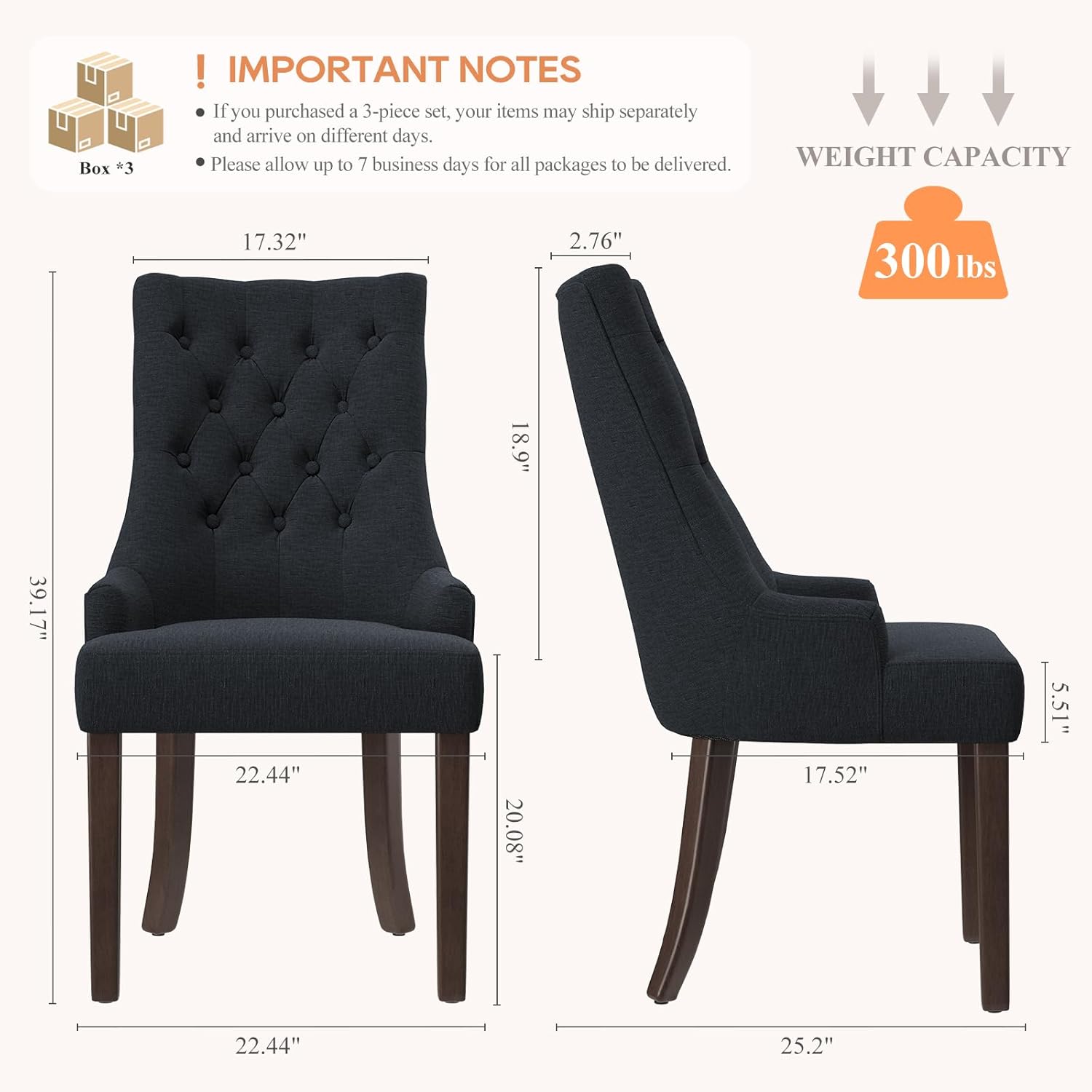 COLAMY Wingback Upholstered Dining Chairs Set of 6, Fabric Side Dining Room Chairs with Tufted Button, Living Room Chairs for Home Kitchen Resturant- Black