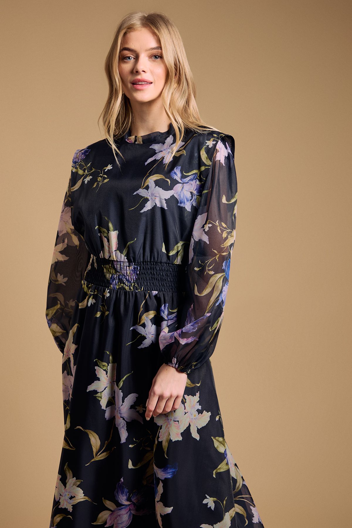 Oasis Floral Organza Shirred Waist Midi Dress