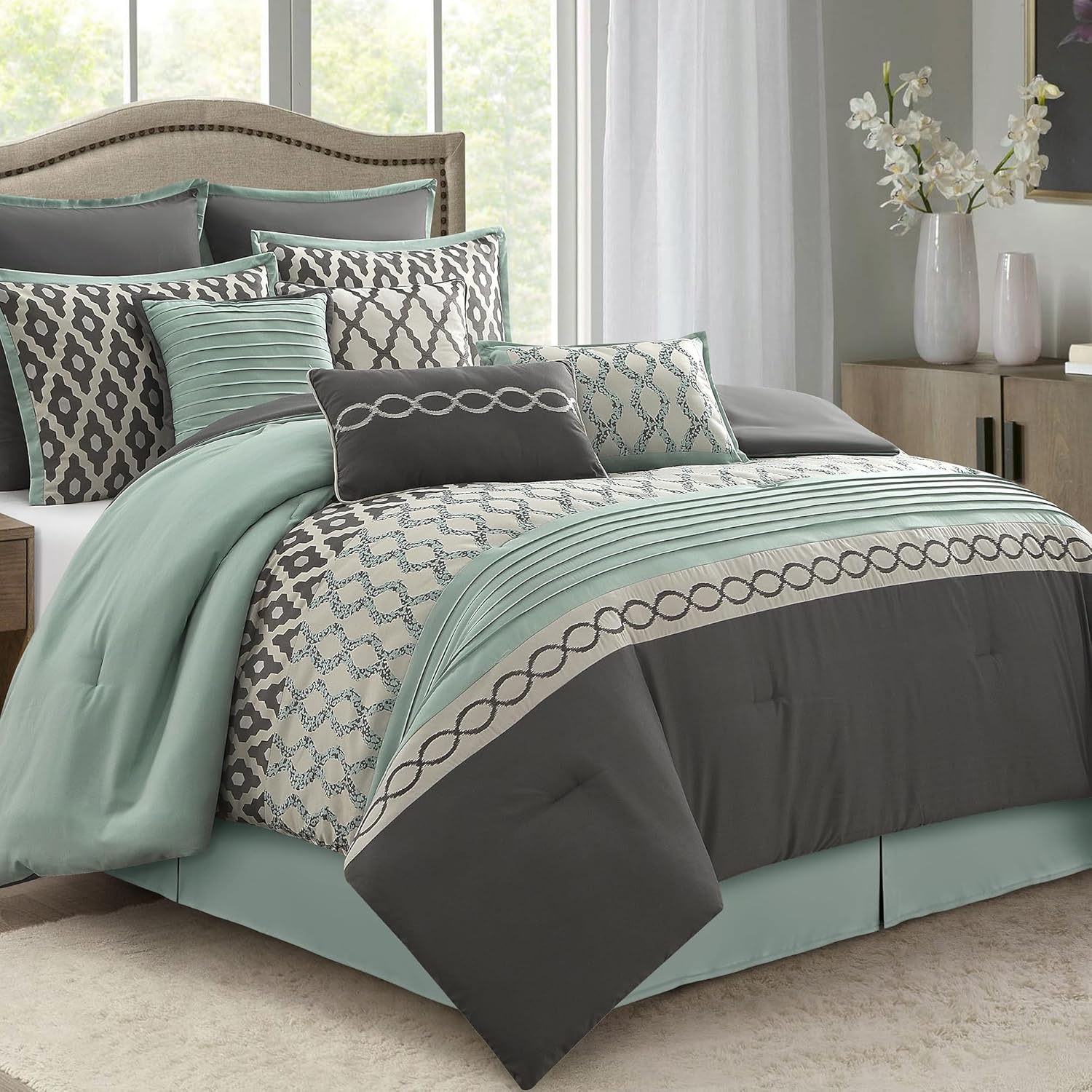 LANCO MODERN LIFESTYLE King Size Comforter Set, Blue Grey, 10 Piece Bed in a Bag for All Seasons, Luxury Extreme Comfort Bedding Sets with Bedskirt, Pillow Shams, Euro Shams and Decor Pillows