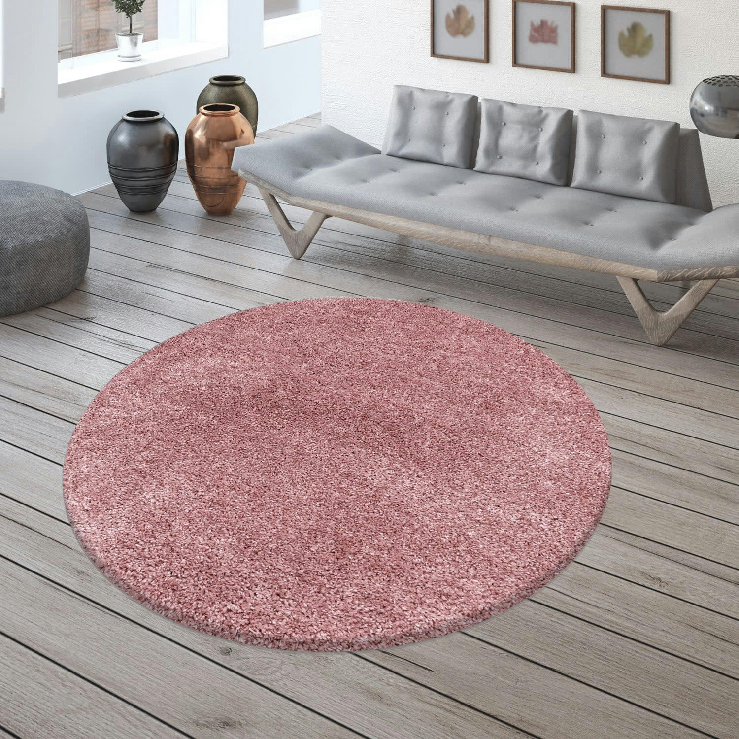 MOELLEUX - Tapis cosy rond à poils longs rose 200x200cm
