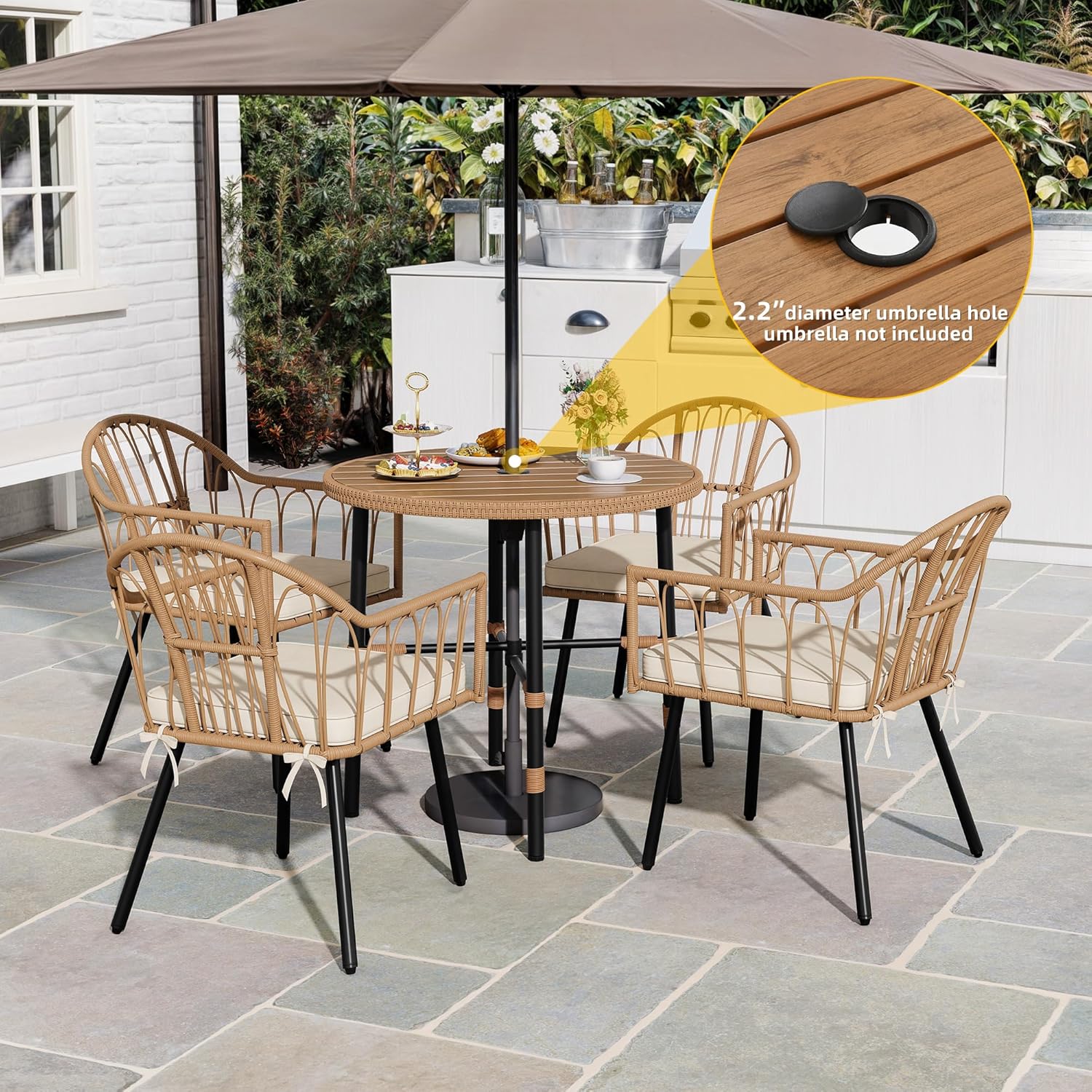 DWVO Outdoor Patio Dining Table Round for 4 35.4 Outdoor Tables with Umbrella Hole & Adjustable Levelers All-Weather Bistro Table with Metal Frame for Lawn Garden Backyard