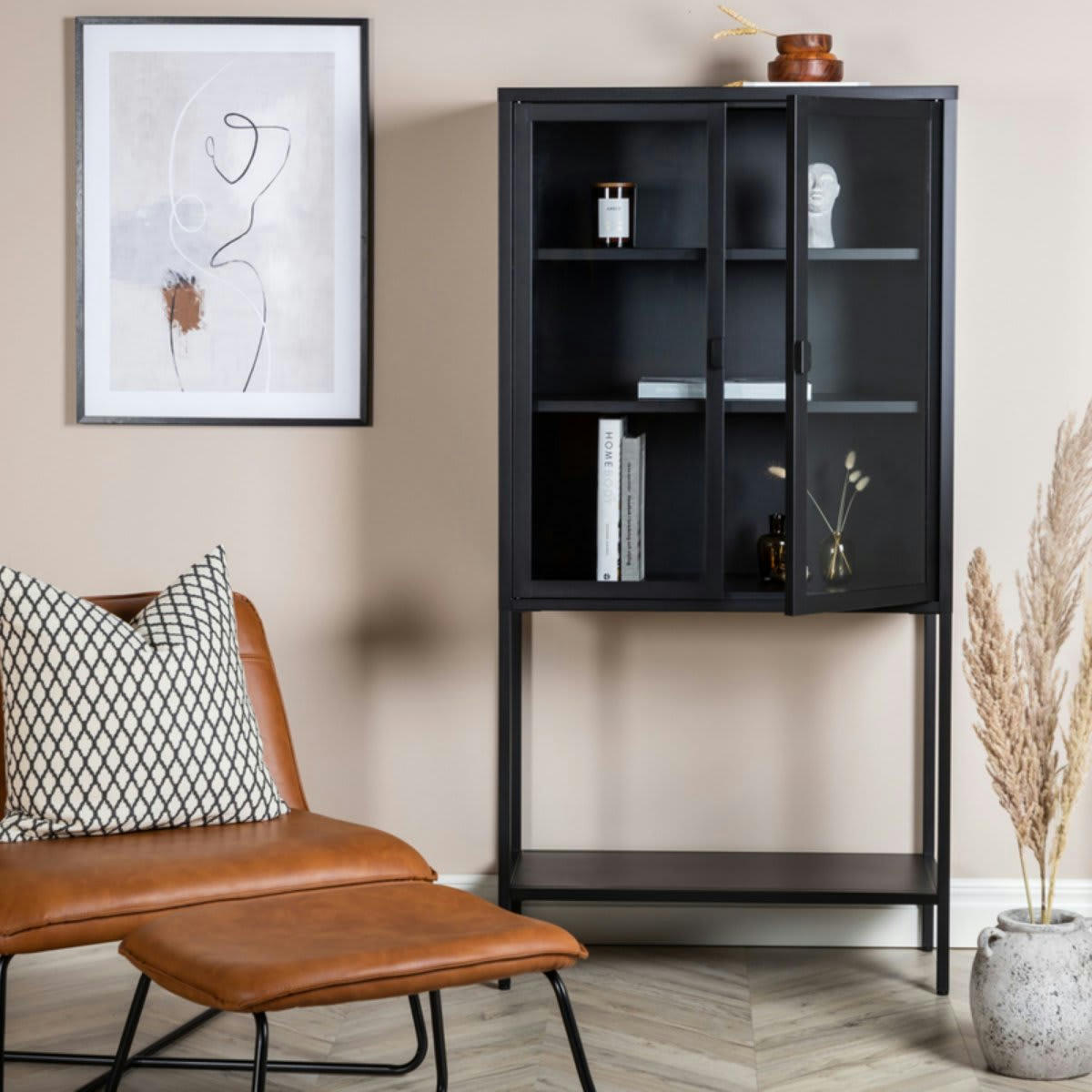 MILTON - Buffet haut avec portes vitrées en métal 150cm noir