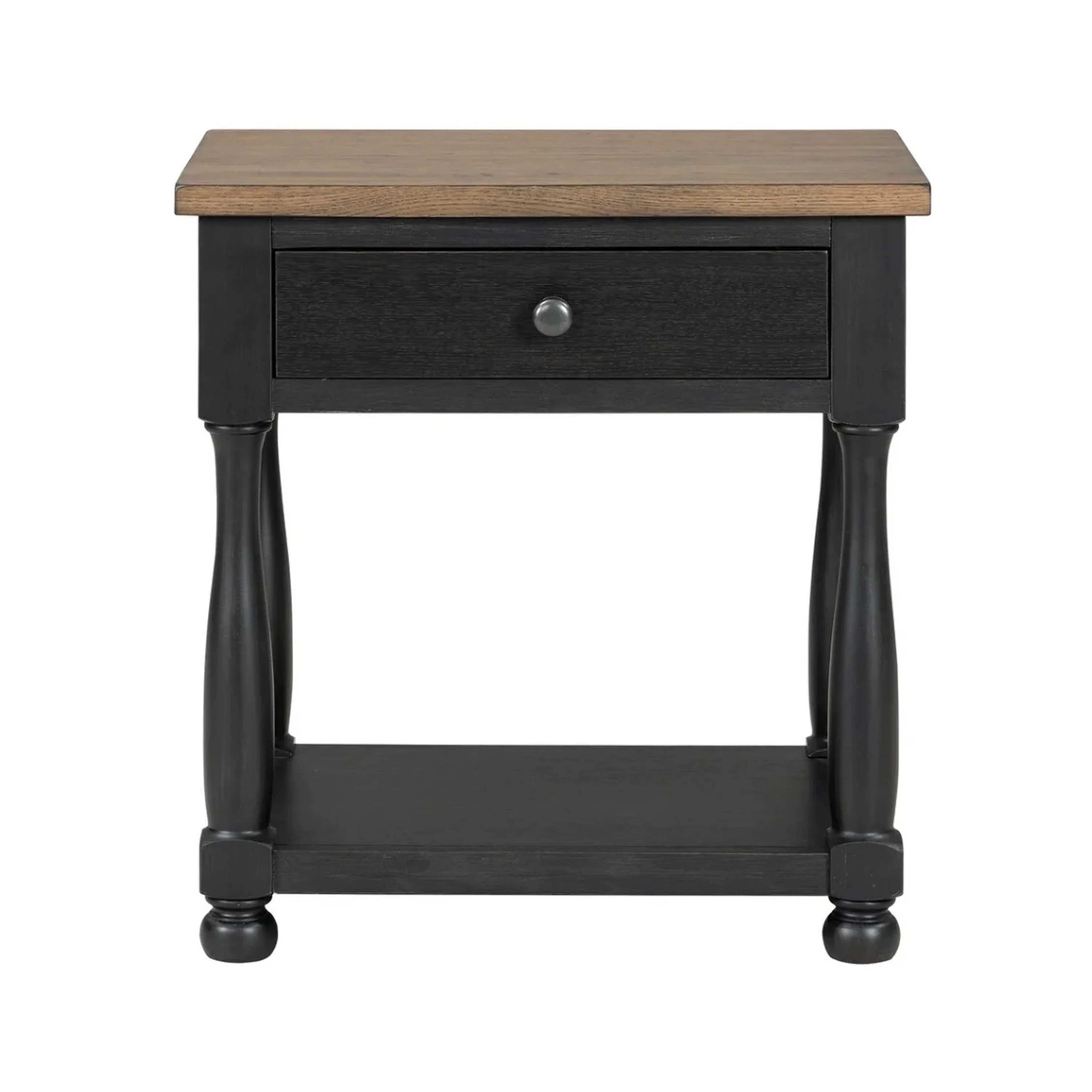 Ginie Nightstand, USB Ports and Drawer, Shelf, Black Rustic Oak Wood