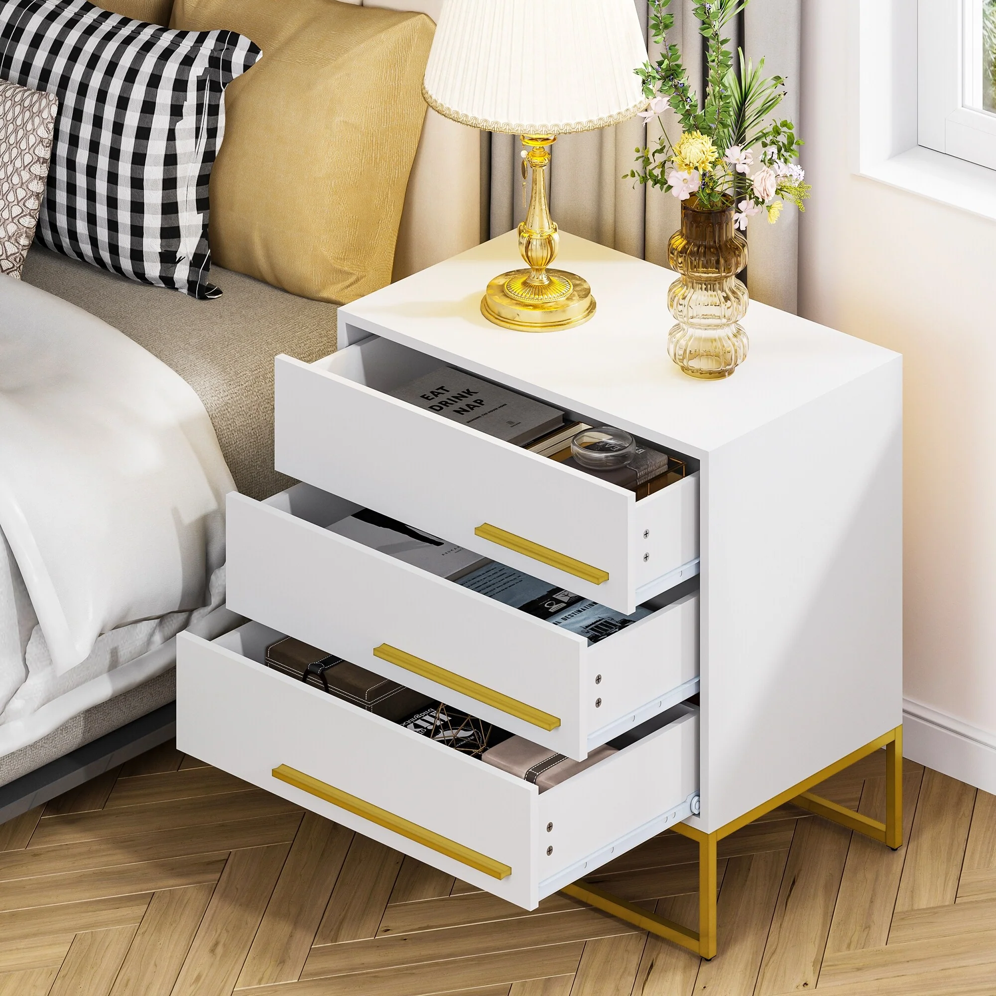 Modern 3 Drawer Wooden Nightstand Side Table with Metal Base