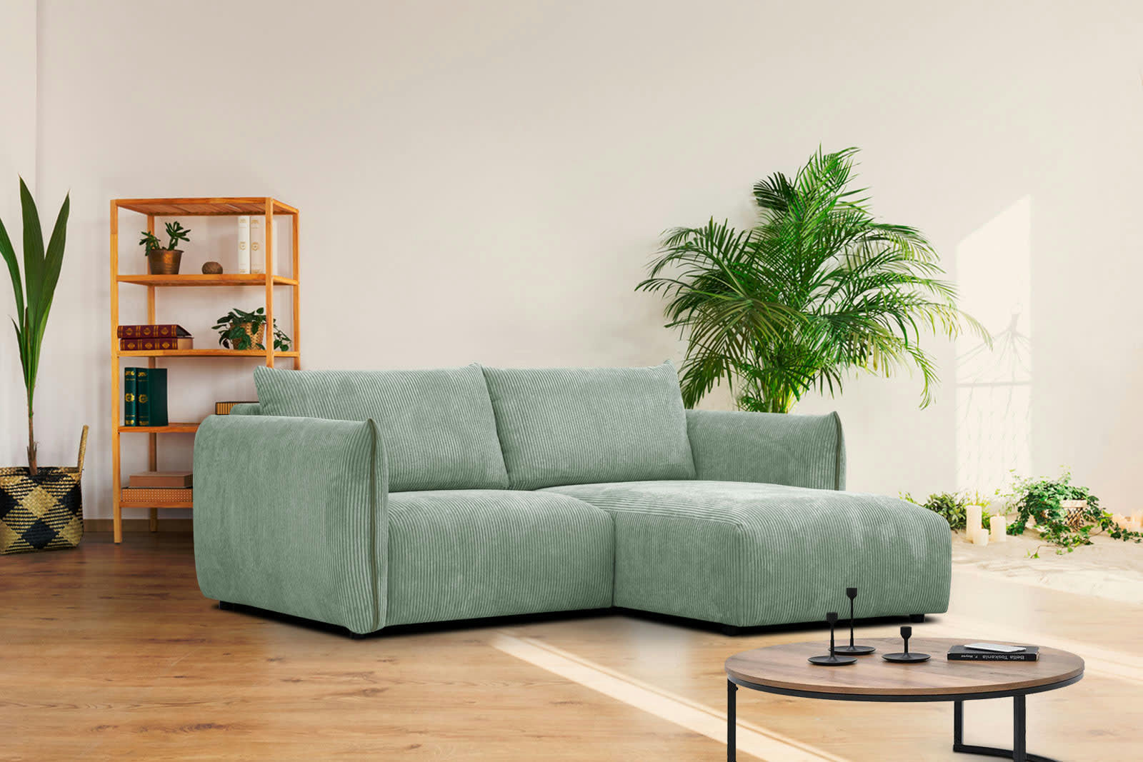 TAUER - Canapé d'angle droit 3 places tissu vert clair