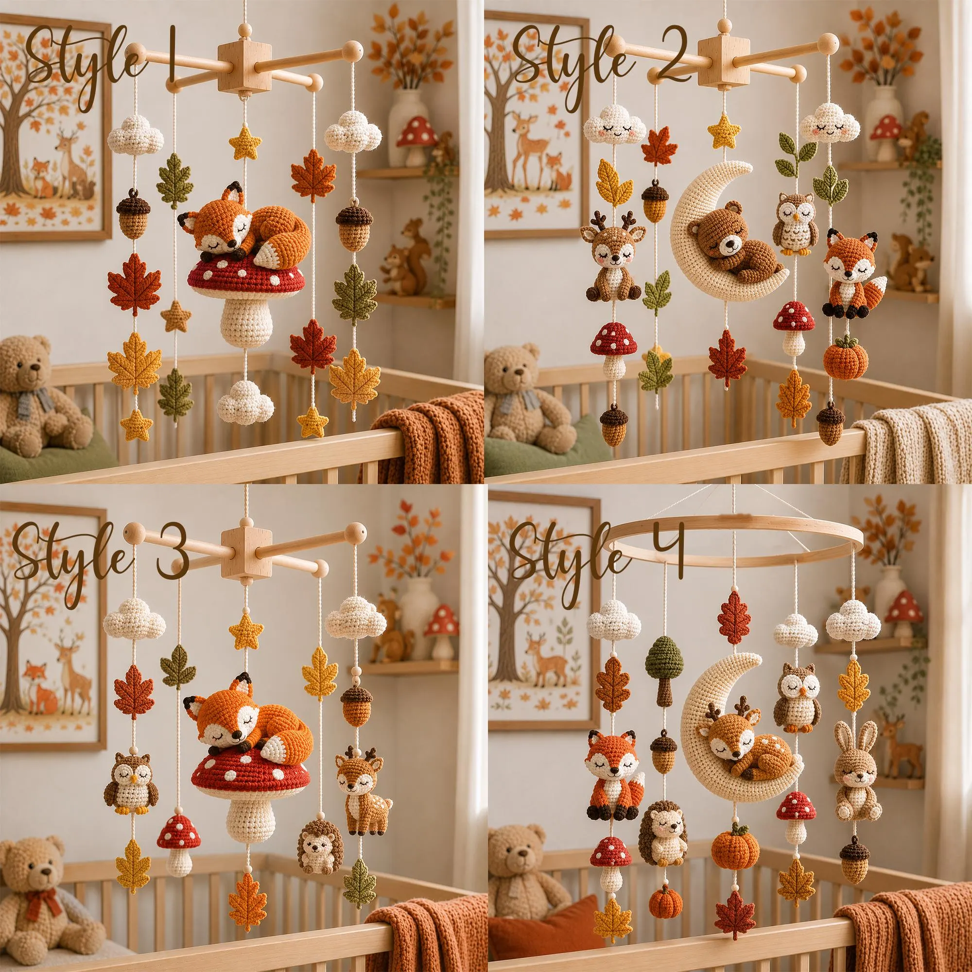 Handmade Crochet Woodland Baby Mobile, Forest Animals, Fall Nursery Decor, Crochet Crib Toy