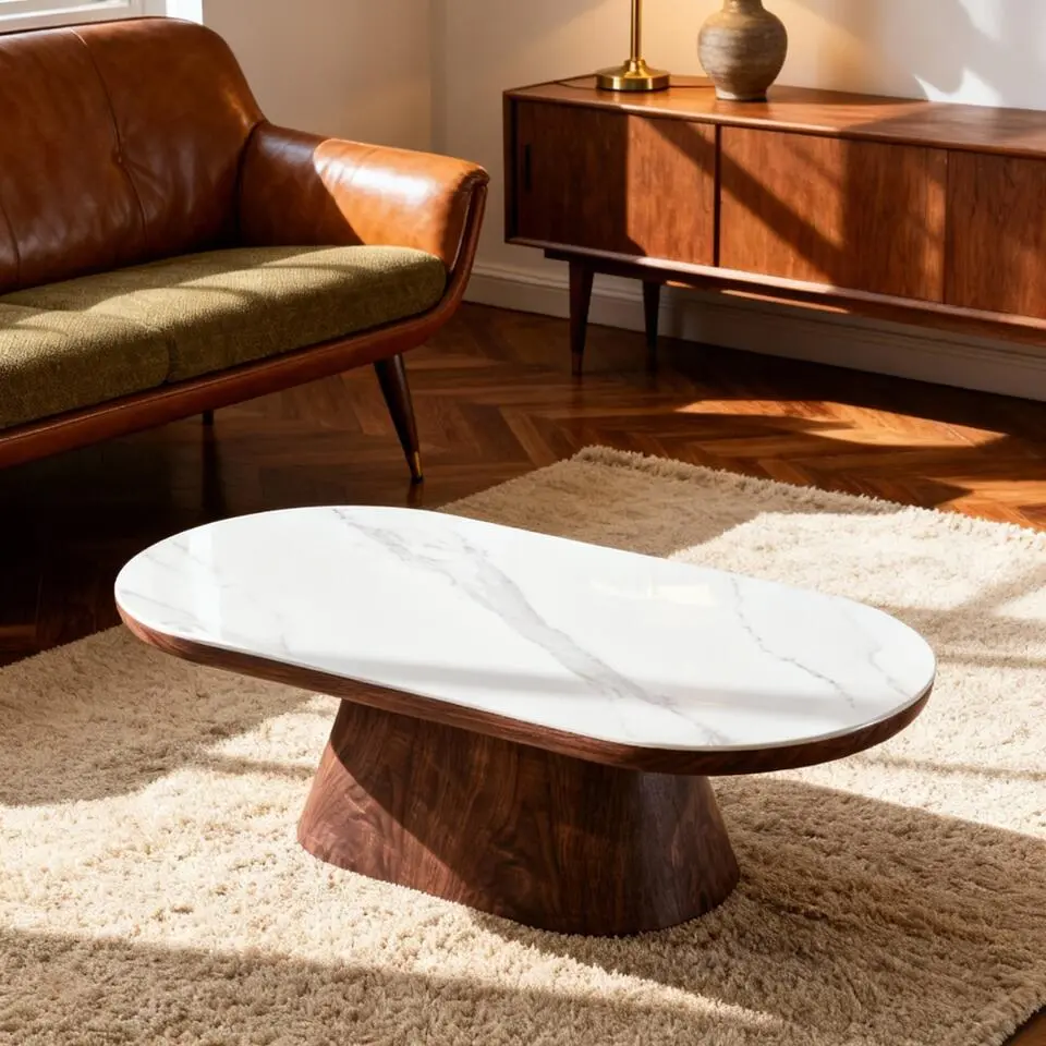 Salontafel Ovaal - Walnoot Hout/Keramisch - 120x60x38cm - Alba