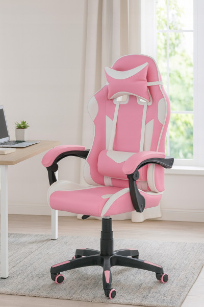 Fotel Biurowy Gamingowy Game In Pink Wym 62x56x116/126cm Pu Różowo Biały